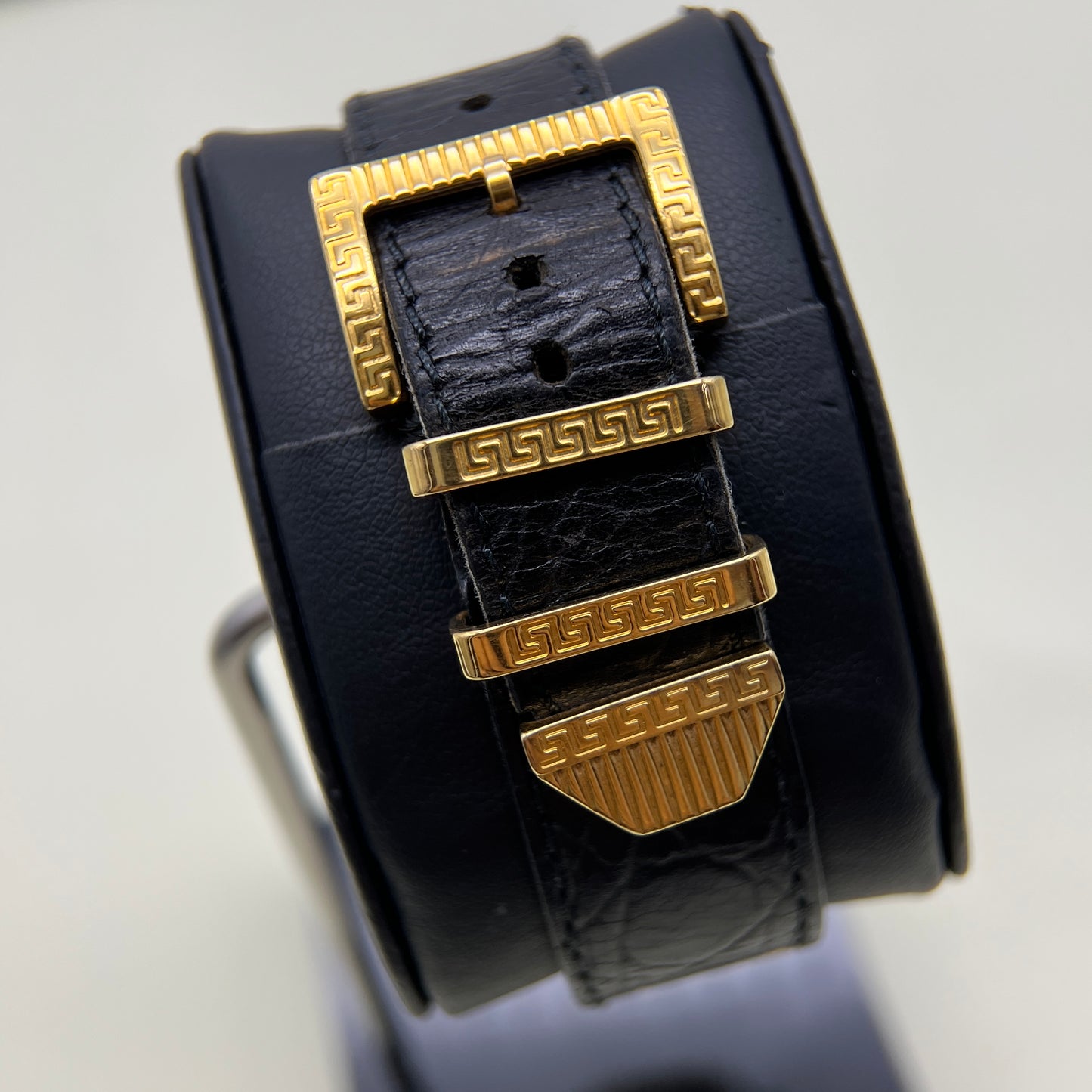 Gianni Versace Vintage Rectangle Gold Frame Medusa Icon and Black Dial with Leather Strap Watch