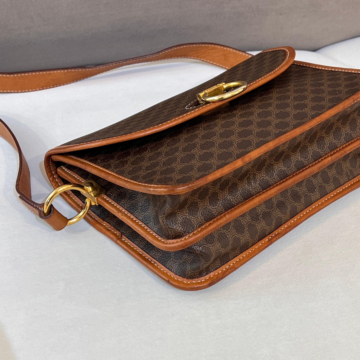 Celine Vintage Macadam Brown Canvas Shoulder Bag With Gold Hardware