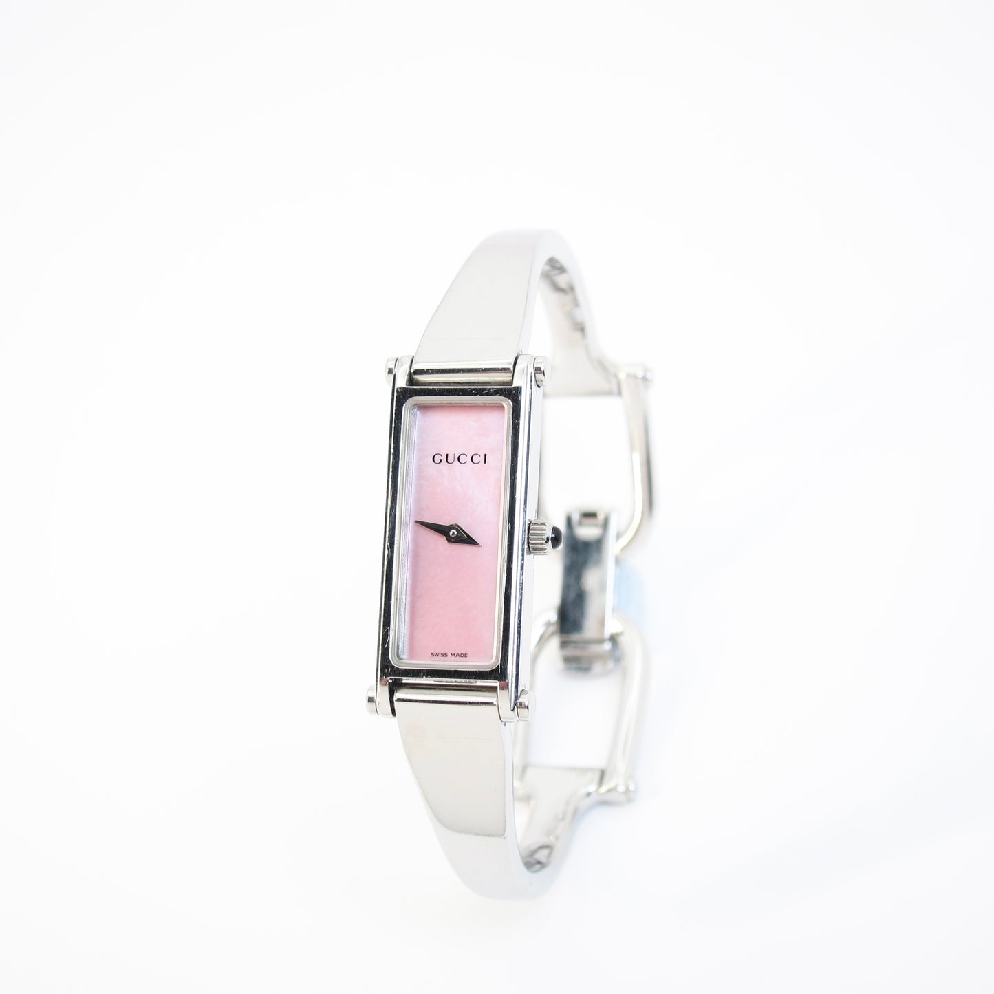 Gucci Vintage Rectangle Pink Shell Pearl Face Silver Bangle Watch