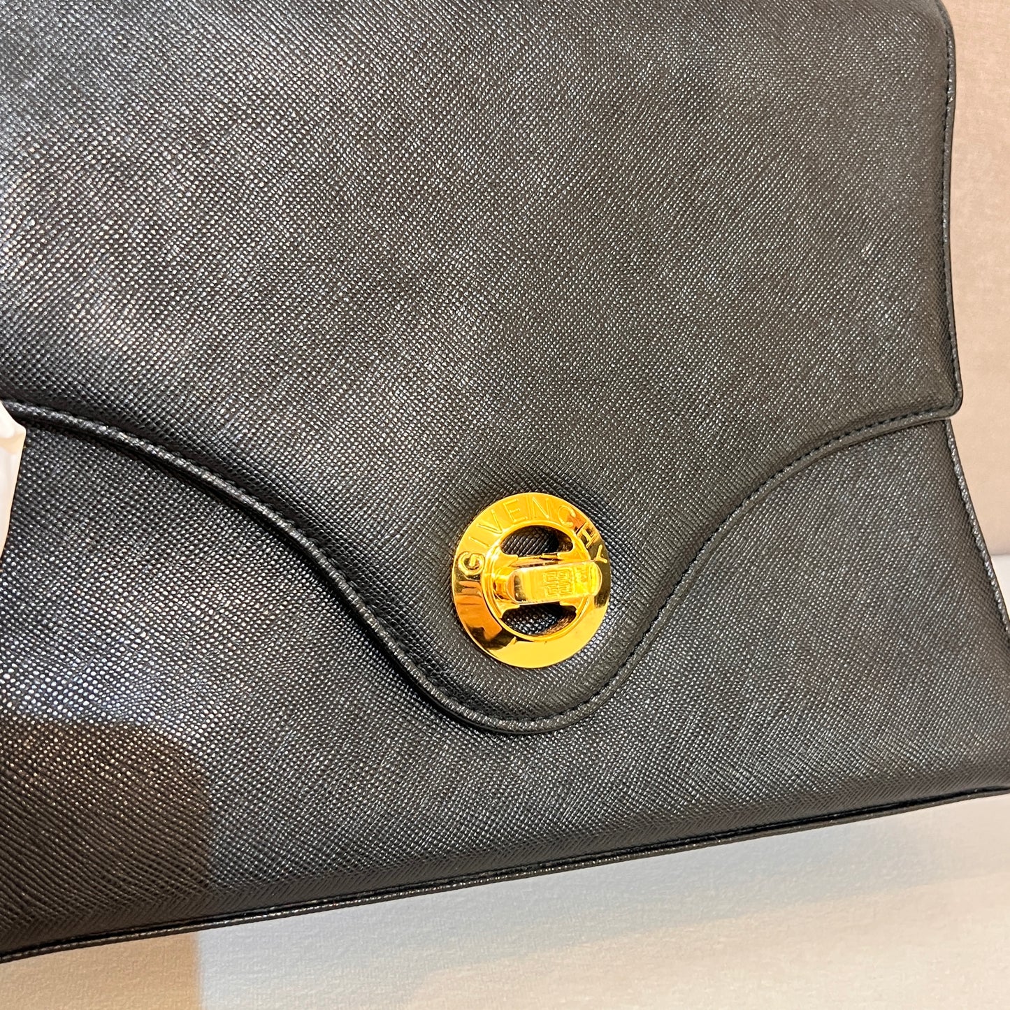 Givenchy Vintage Black Leather Gold Logo Turn Lock Top Handle Bag