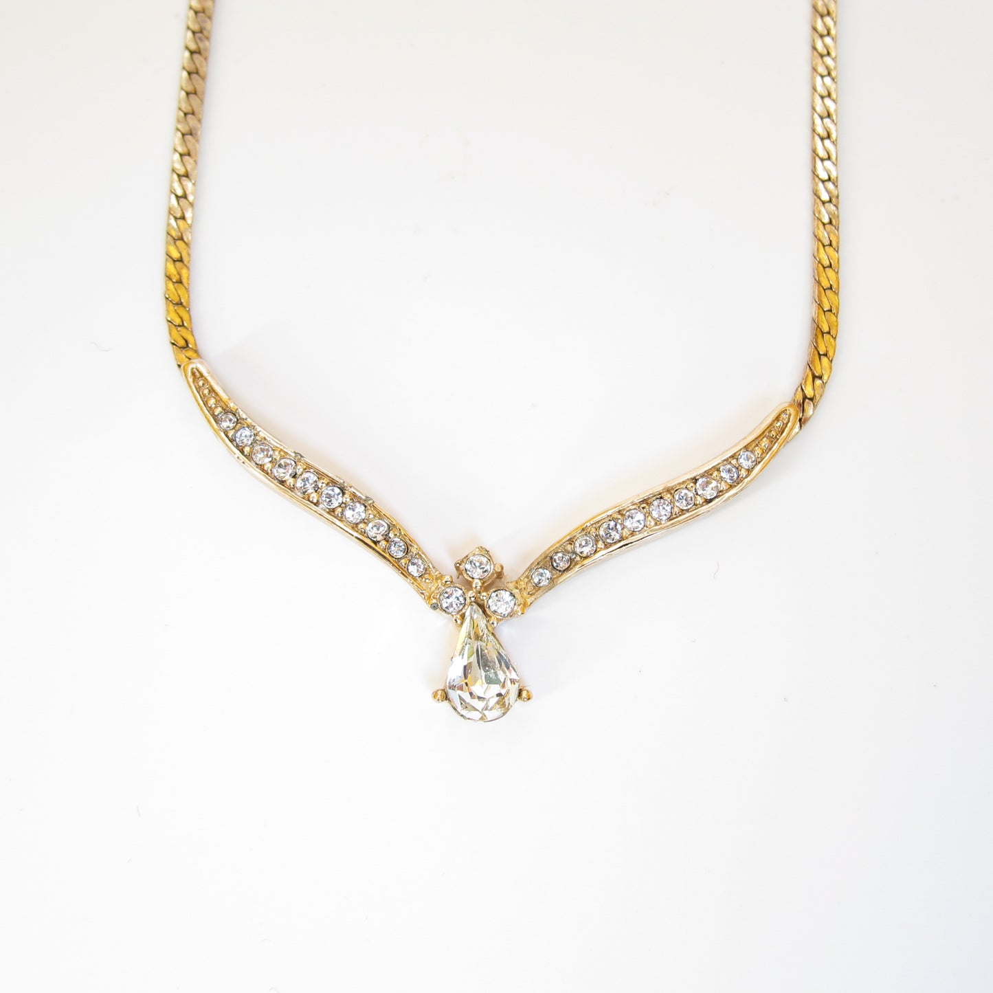 Christian Dior Vintage Stylish Rhinestone Pendant Golden Necklace