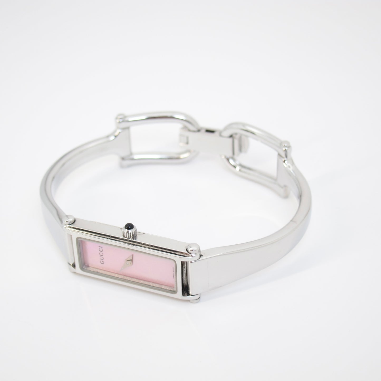 Gucci Vintage Rectangle Pink Shell Pearl Face Silver Bangle Watch