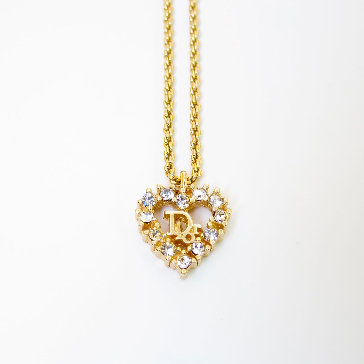 Christian Dior Vintage Dior Logo in Heart Shape with Rhinestone Golden Necklace