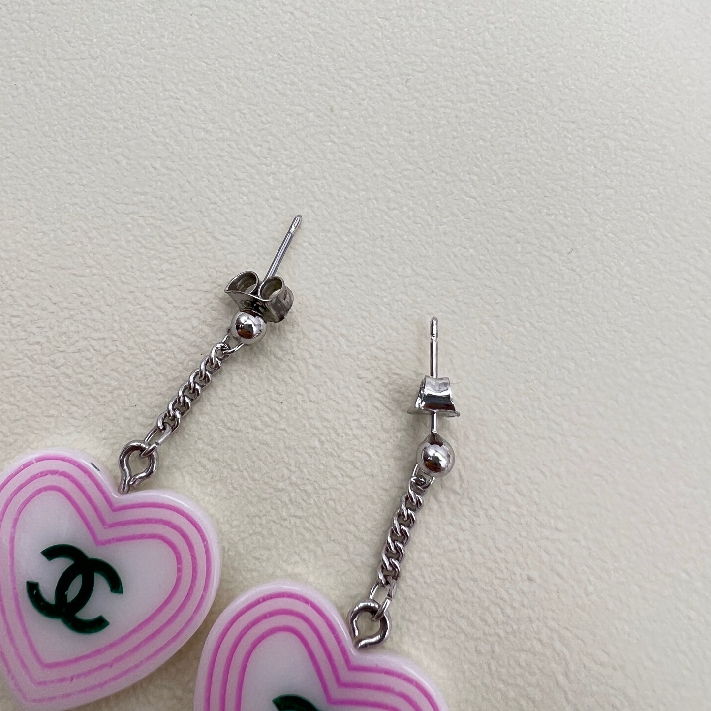 Chanel Vintage White Heart Green CC Logo Earrings