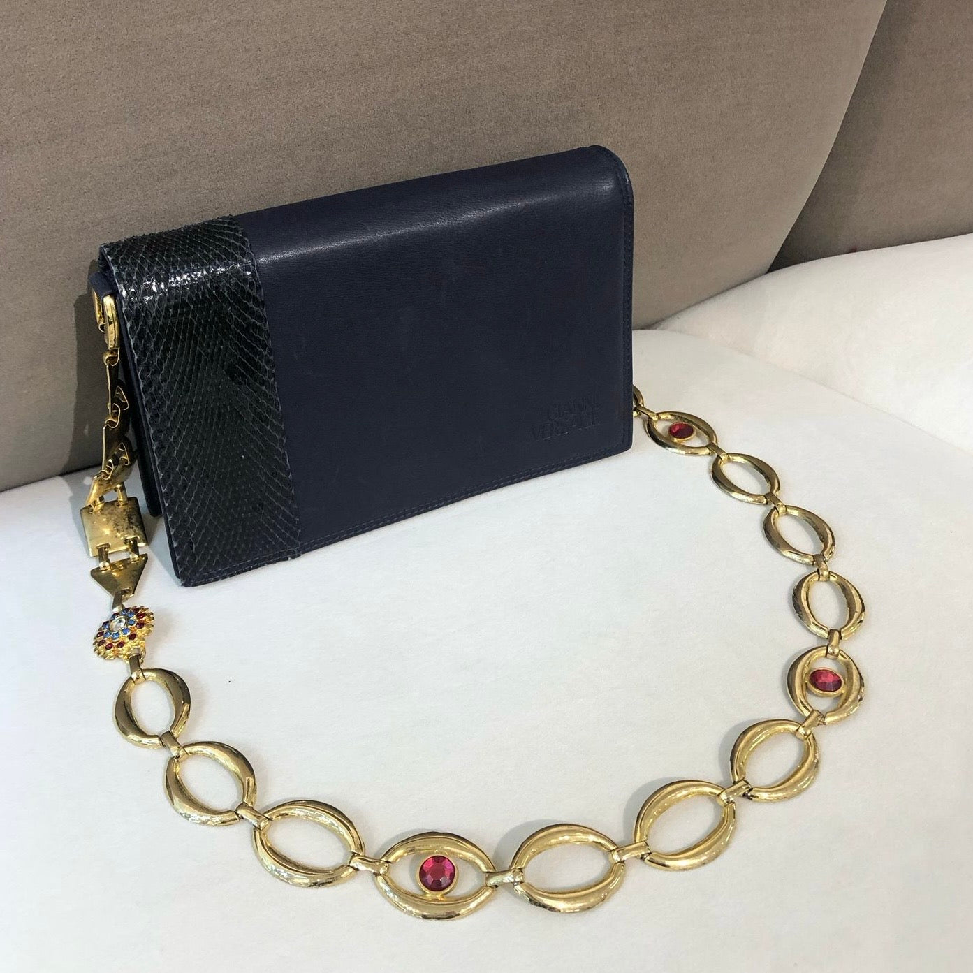 Versace Vintage Navy Leather Chain Shoulder Bag With Exotic Trim