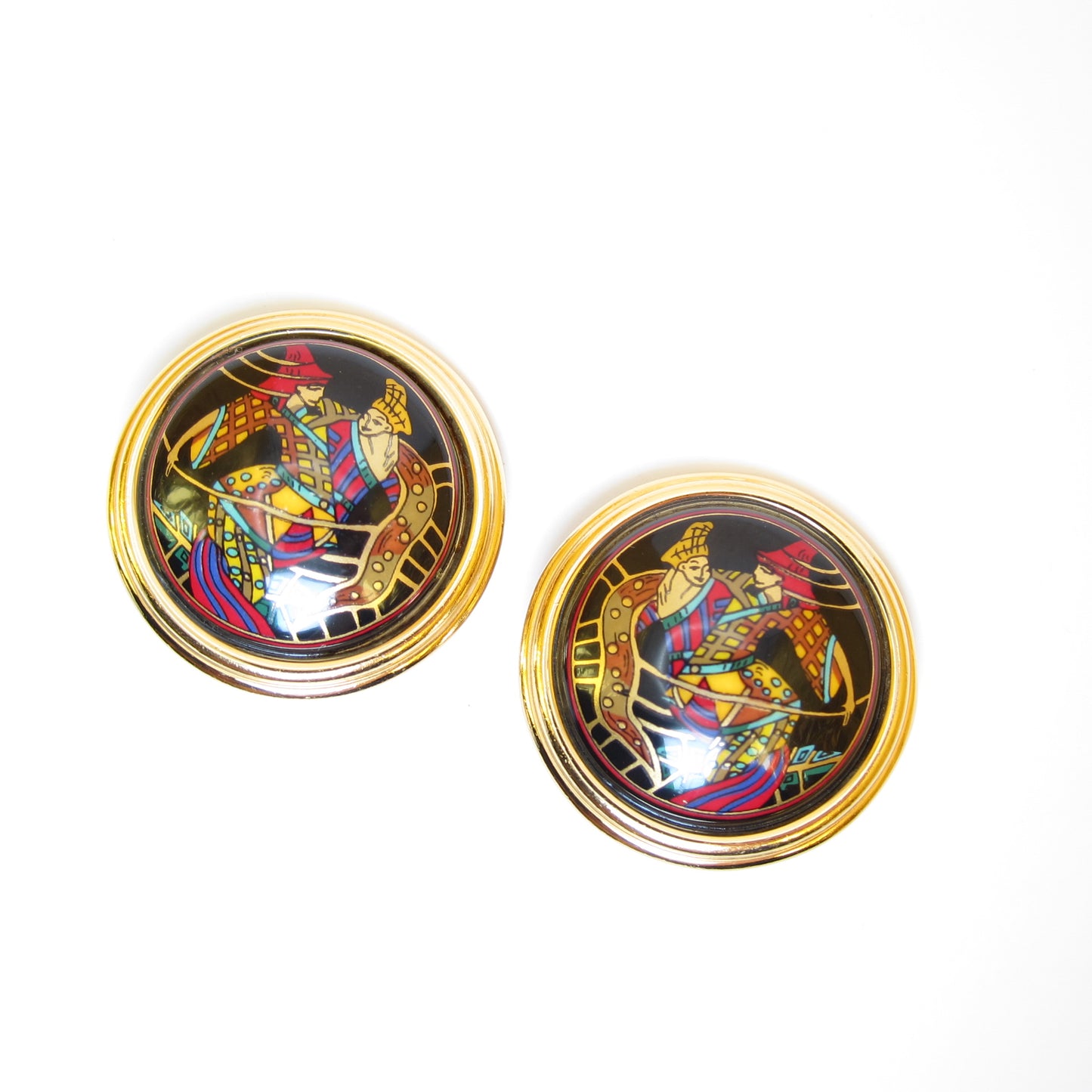 Hermes Vintage Round Shape Black Enamelled Golden Clip-on Earrings