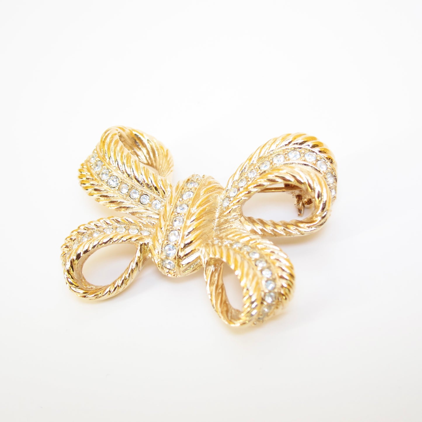 Christian Dior Vintage Ribbon Motif with Rhinestone Golden Brooch