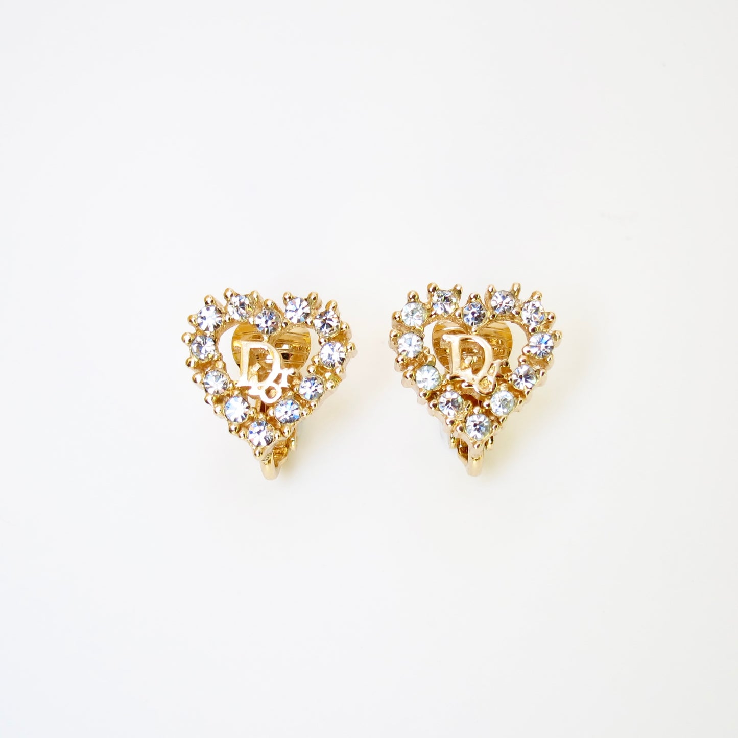 Christian Dior Vintage Dior Logo in Heart Shape with Rhinestone Golden Clip-on Earrings