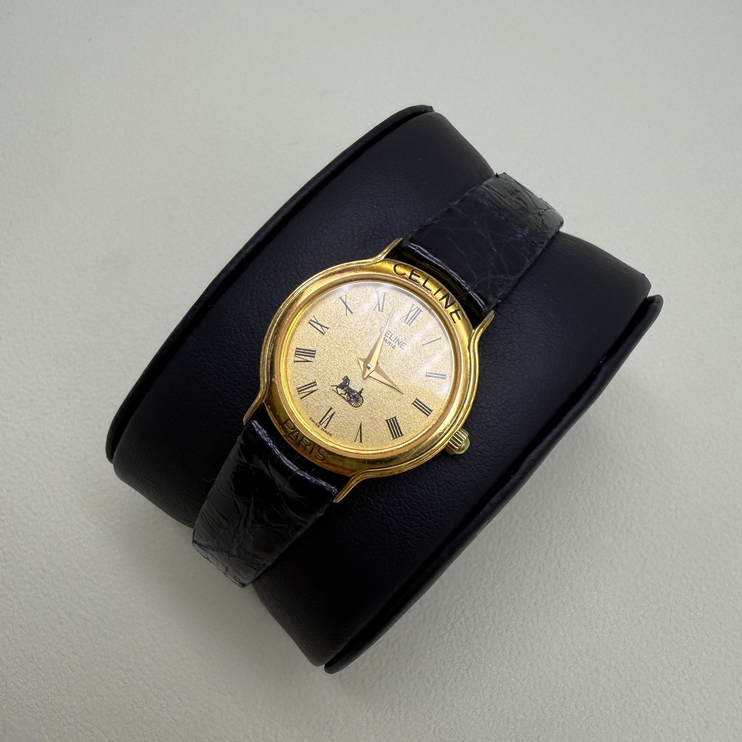 Celine Vintage Round Golden Face Black Leather Strap Ladies Watch