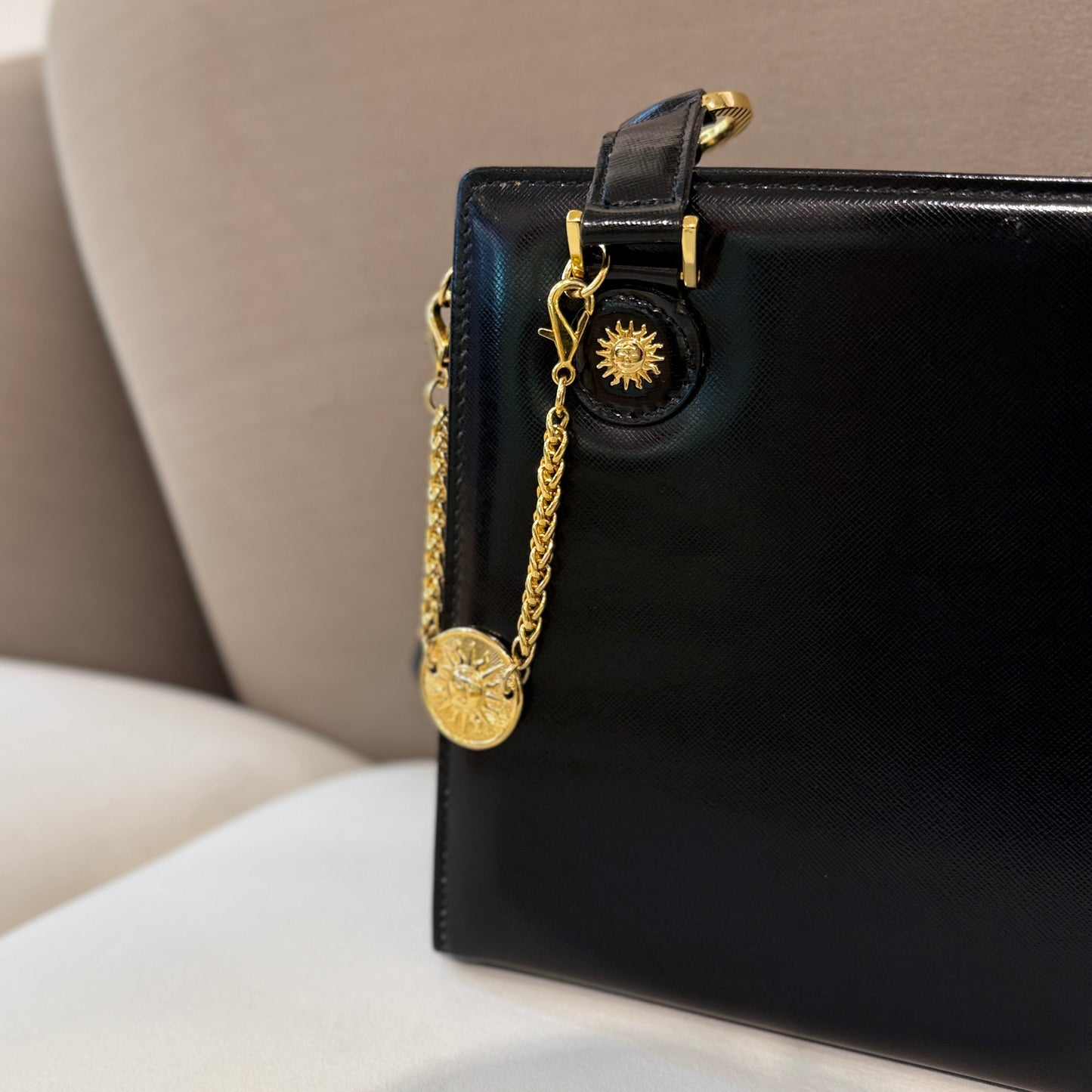Versace Vintage Black Leather Tote Bag With Gold Medallion Charm