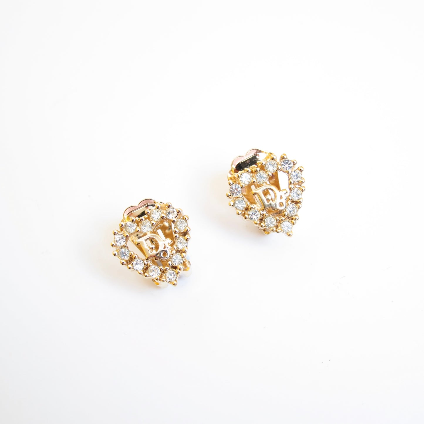 Christian Dior Vintage Dior Logo in Heart with Rhinestone Golden Clip-on Earrings