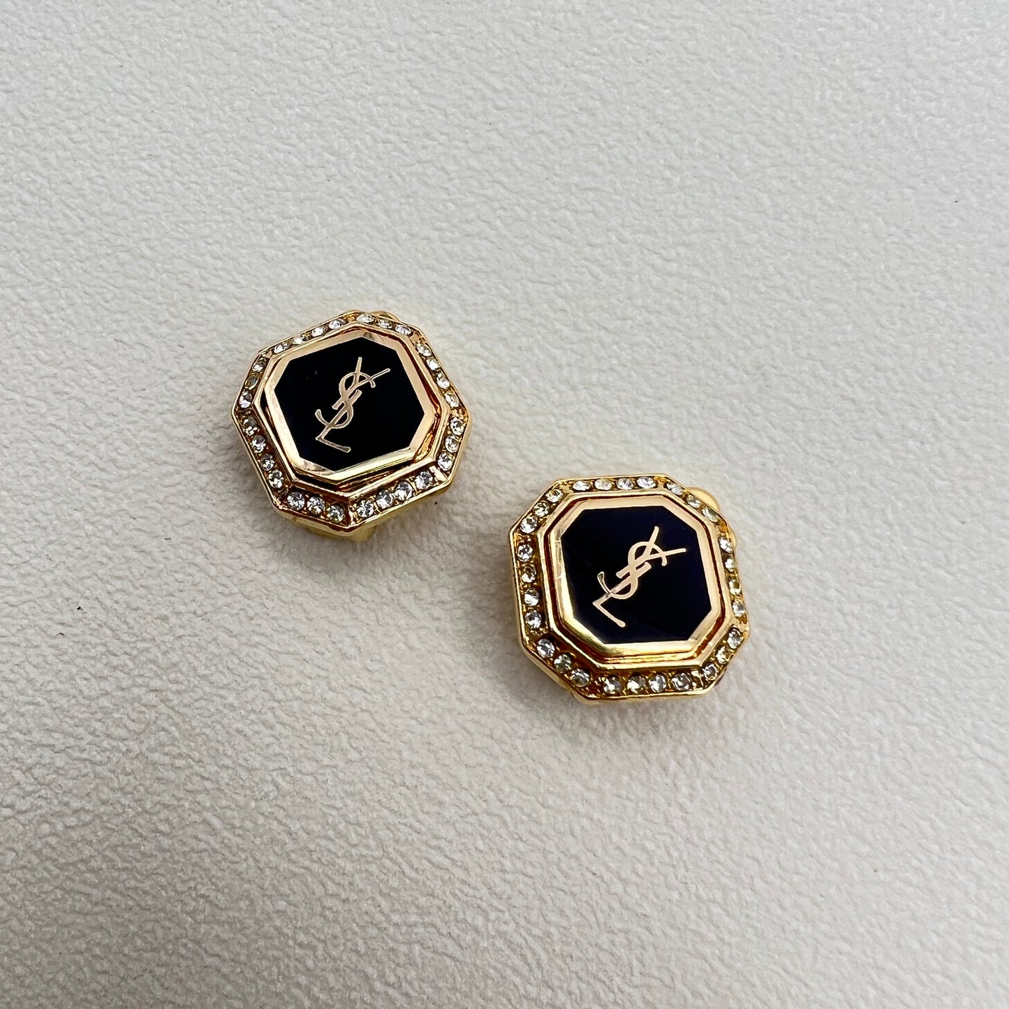 Yves Saint Laurent Vintage Ysl Logo Black and Rhinestone Golden Clip-on Earrings