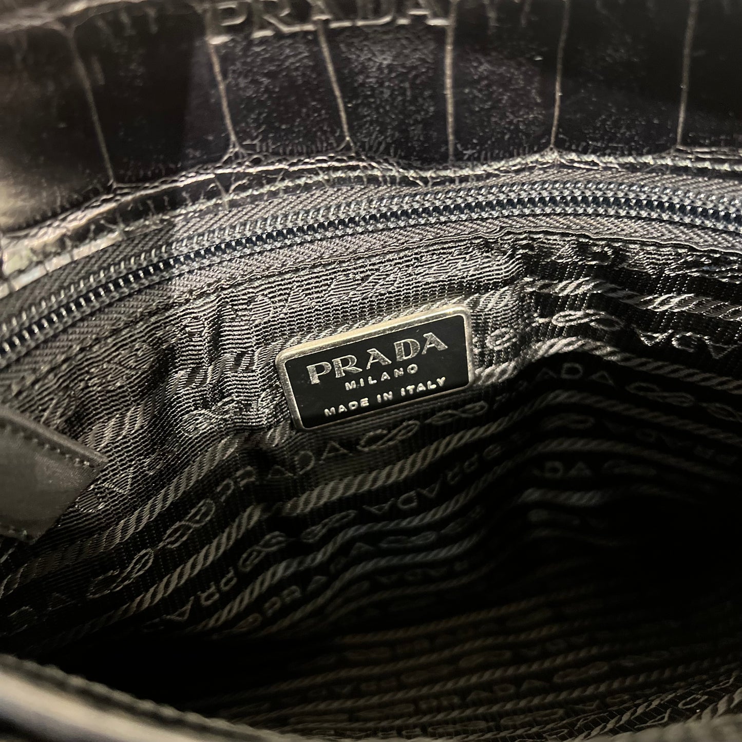 Prada Vintage Black Tessuto Metallo With Plastic Top Handle
