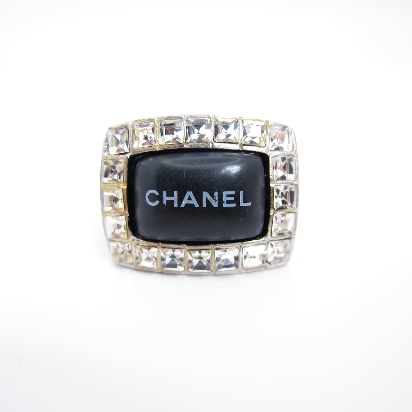 Chanel Vintage Chanel Logo Black and Rhinestone Silver Ring #13