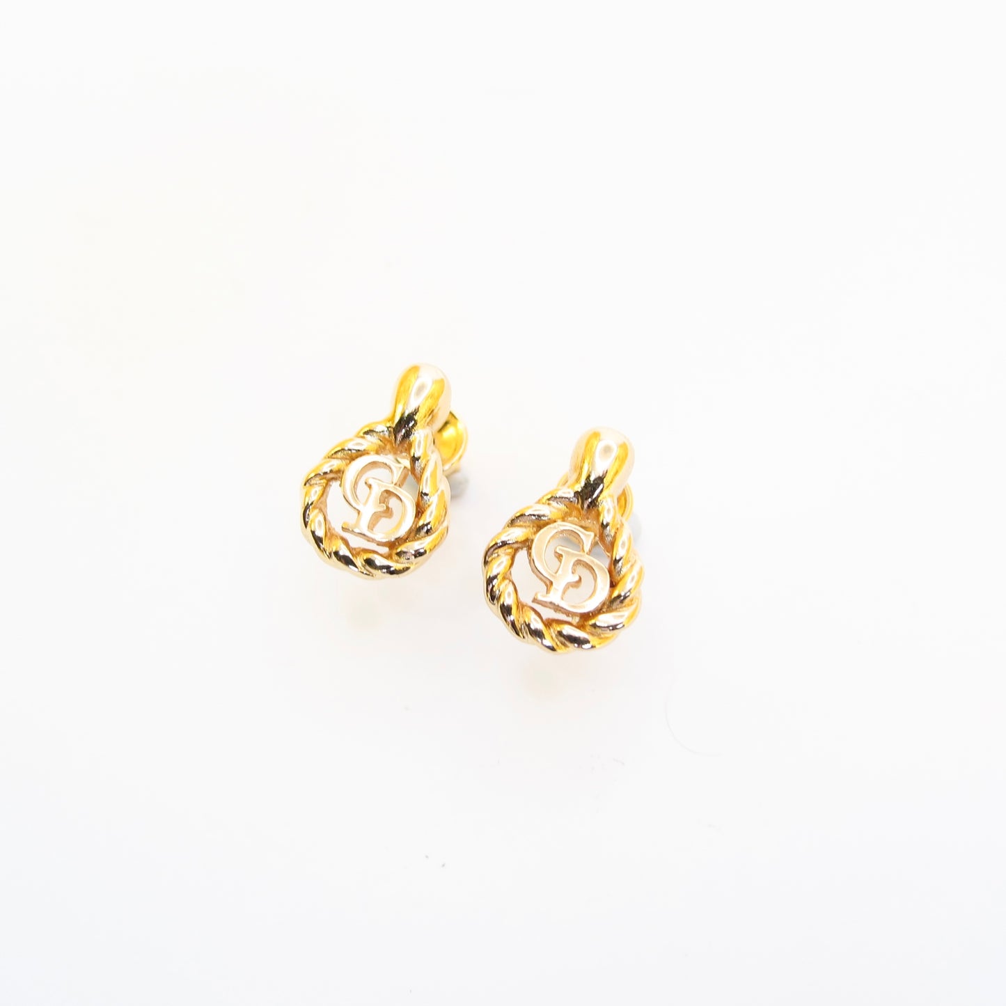 Christian Dior Vintage CD Logo in Twisted Drop Shape Golden Earrings