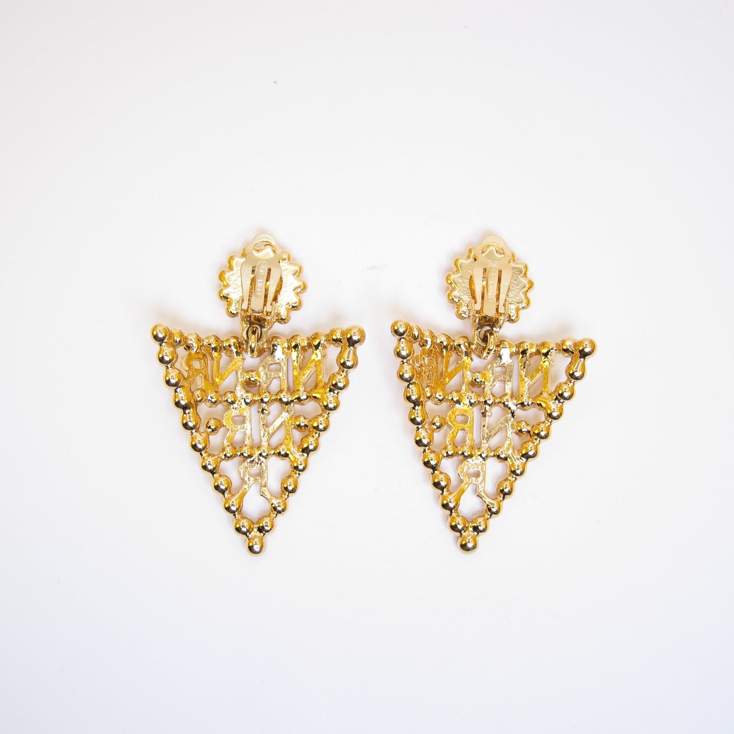 Nina Ricci Vintage NR Logo Triangle Dangling Golden Clip-on Earrings