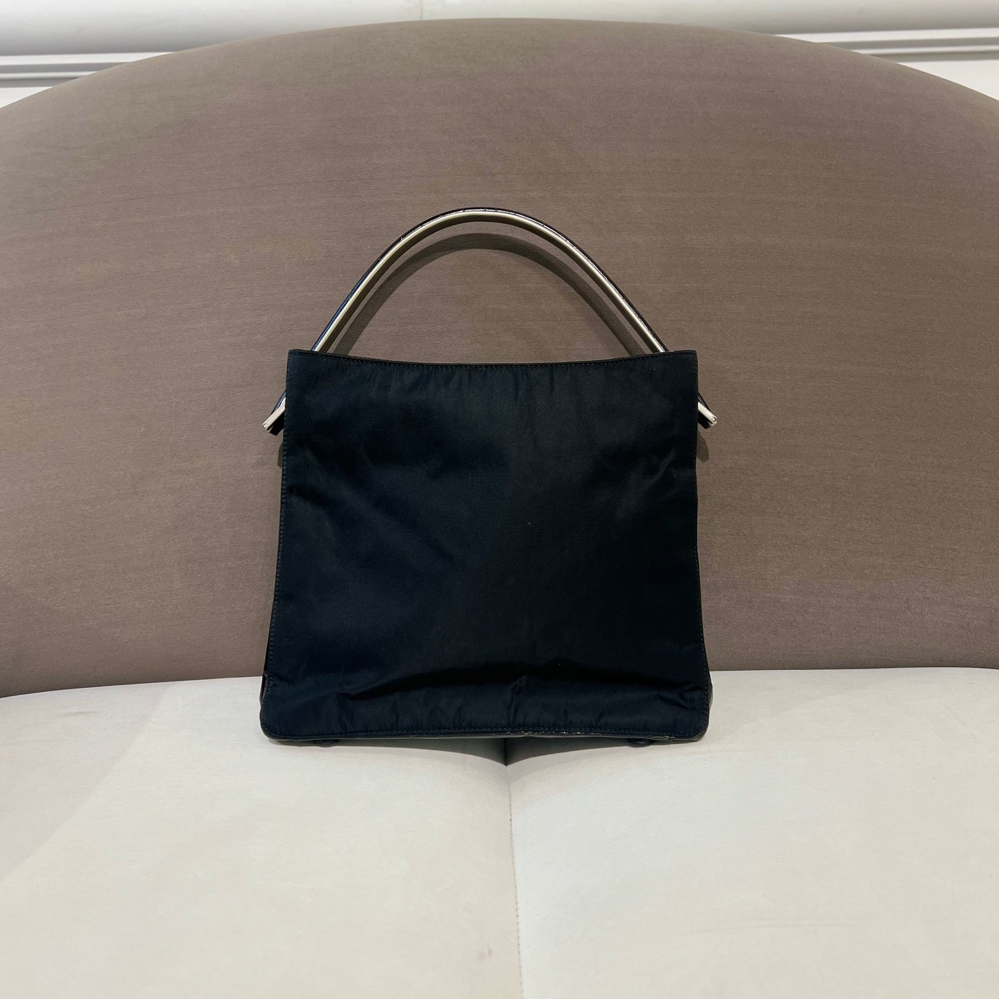 Prada Vintage Black Tessuto Metallo With Plastic Top Handle