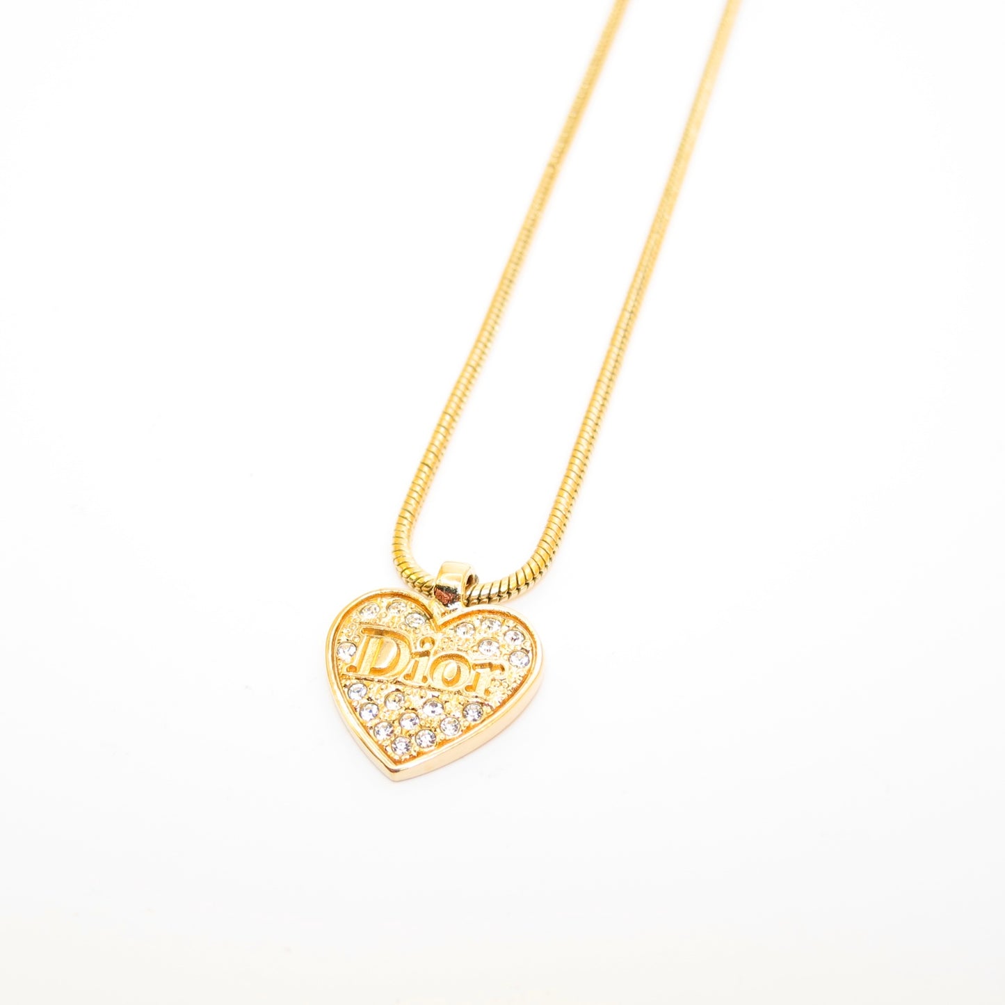 Christian Dior Vintage Dior Logo on Heart with Rhinestone Golden Necklace