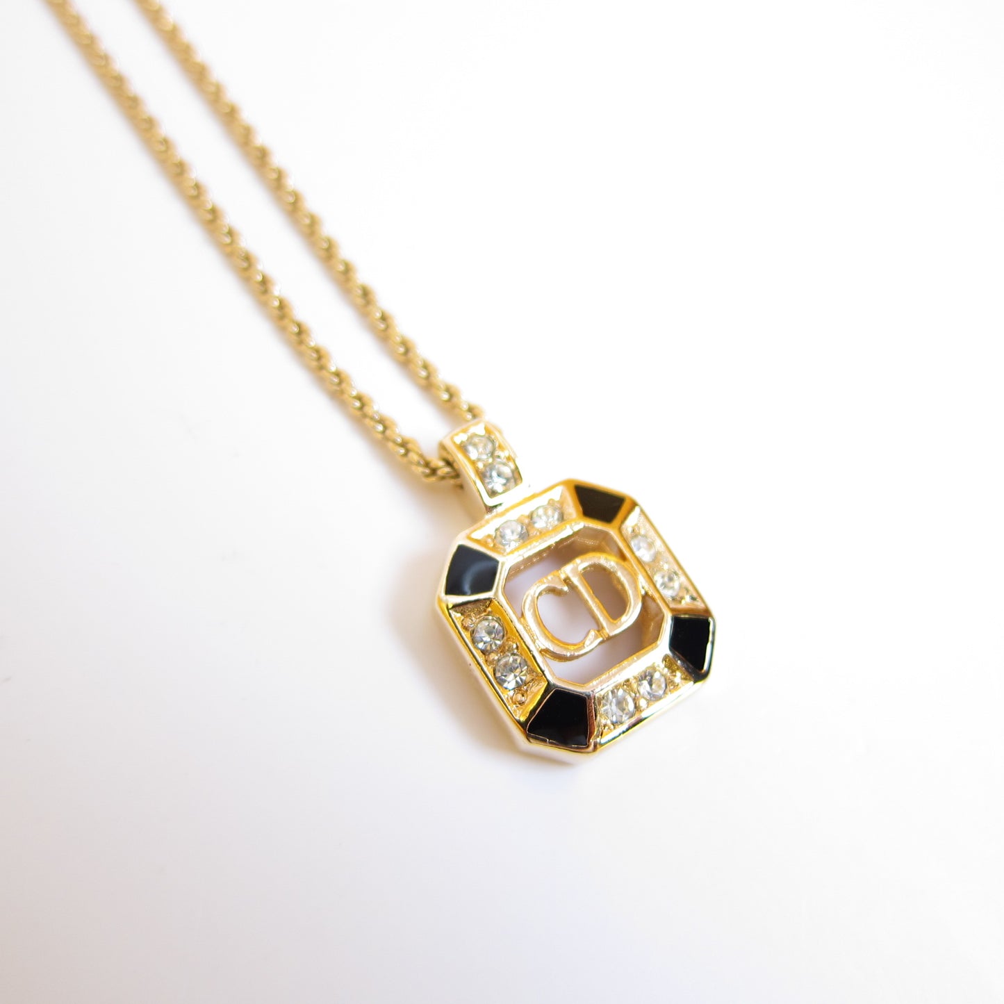 Christian Dior Vintage CD Logo in Octagon with Rhinestone Black and Golden Necklace
