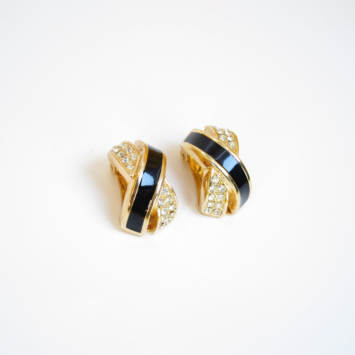 Christian Dior Vintage Black and Rhinestone Cross Golden Clip-on Earrings