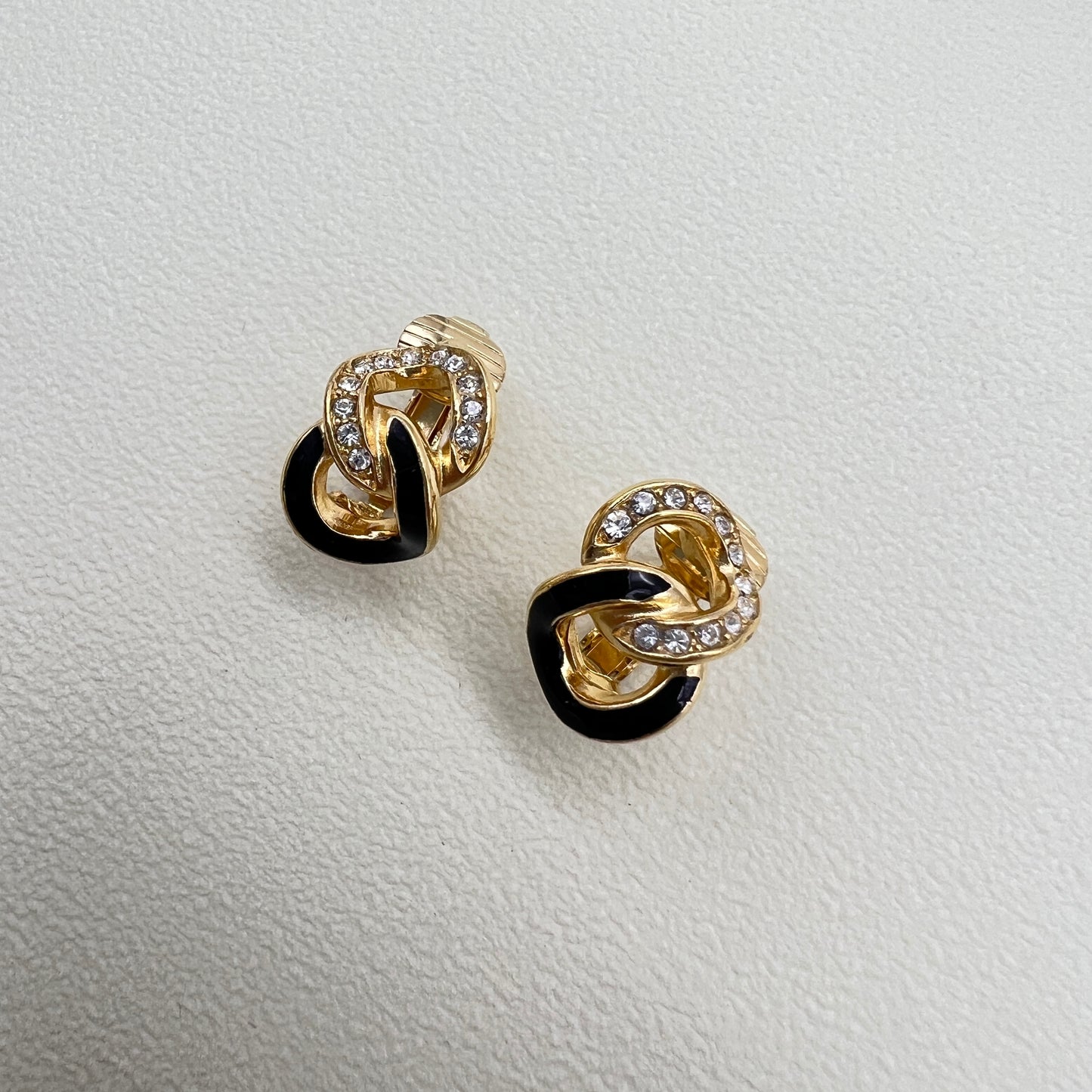 Christian Dior Vintage Link Black and Rhinestone Golden Clip-on Earrings