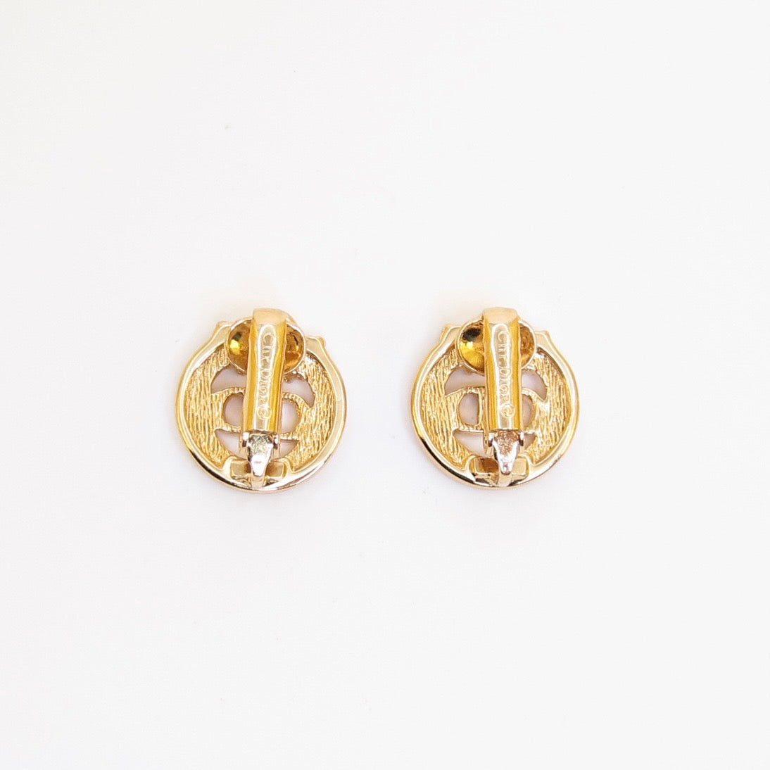 Christian Dior Vintage CD Logo in Circle with Rhinestone Golden Clip-on Earrings