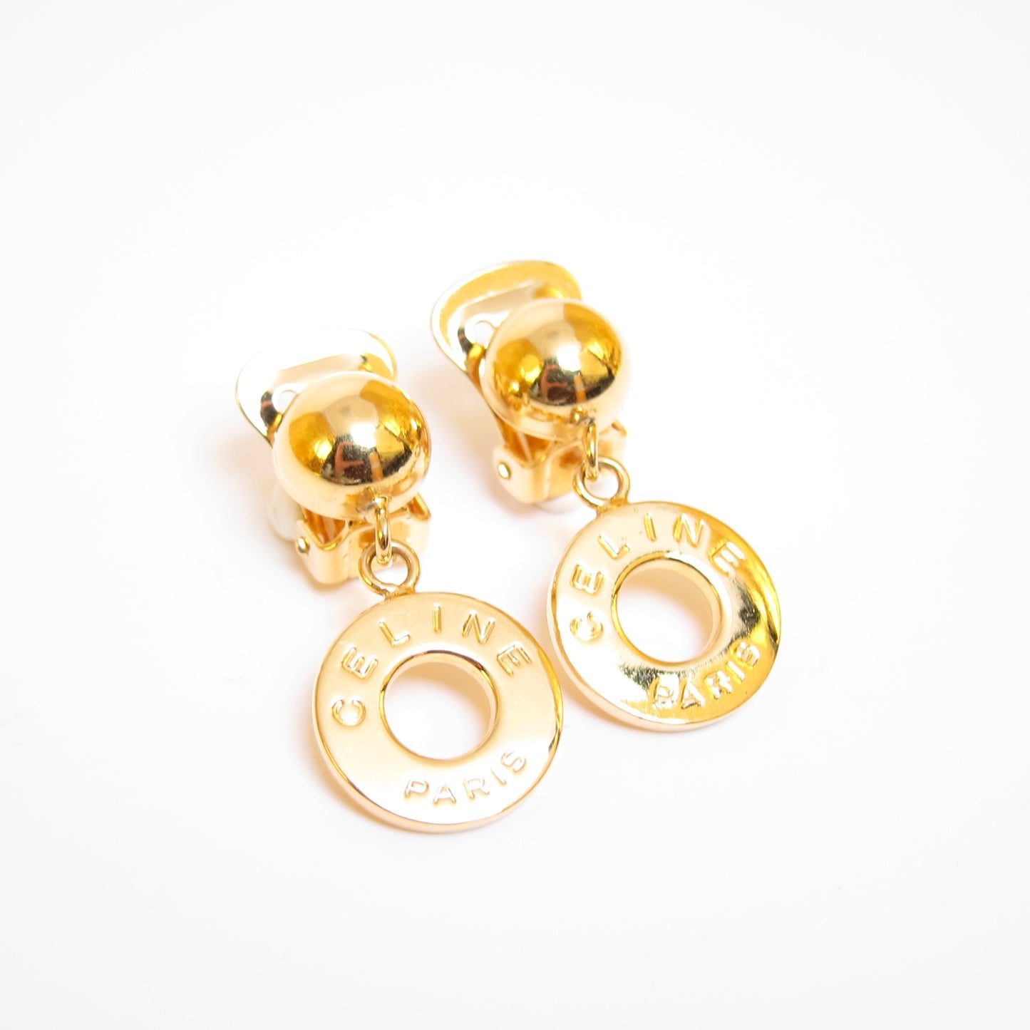 Celine Vintage Celine Logo on Circle Dangling Golden Clip-on Earrings