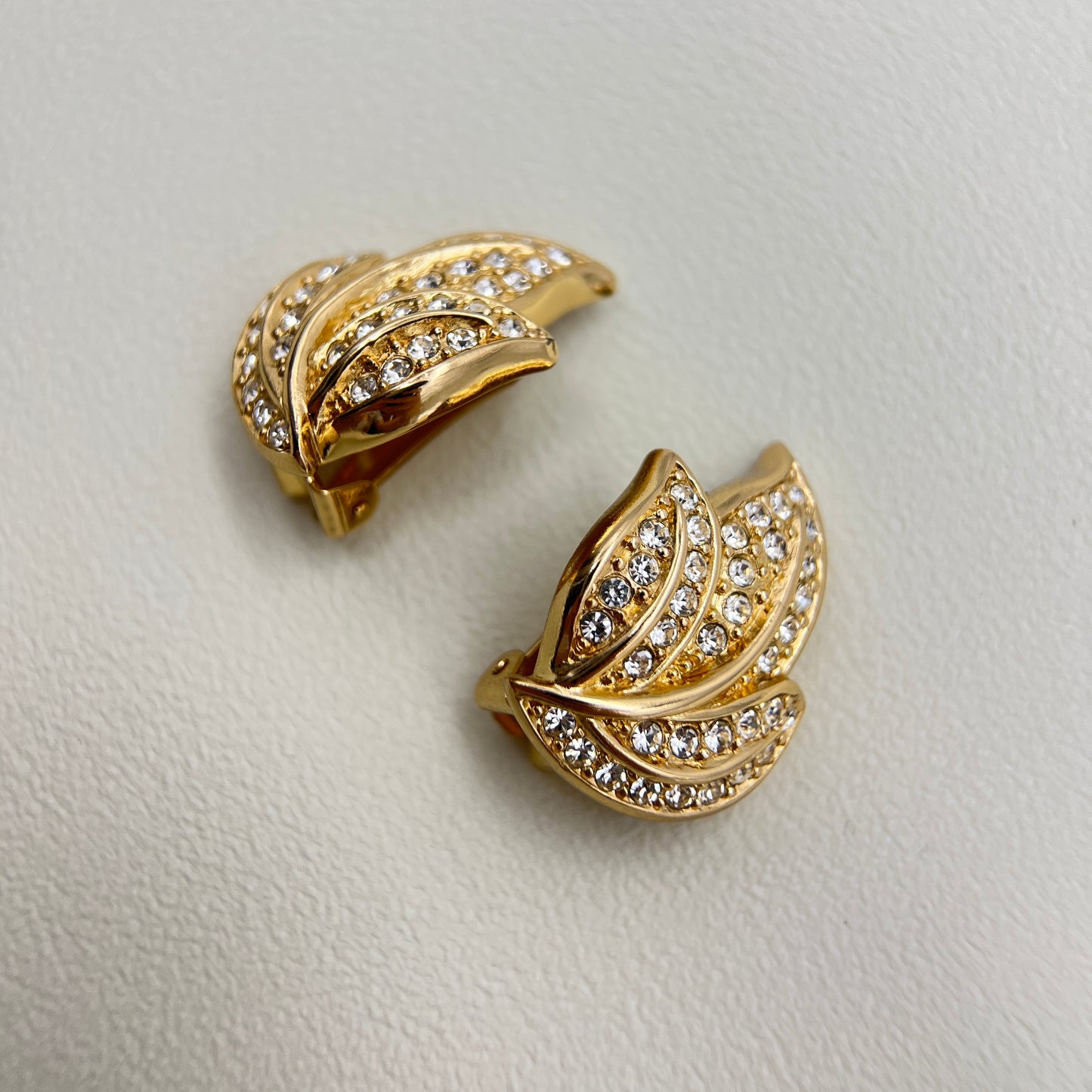 Christian Dior Vintage Leaves Motif with Rhinestone Golden Clip-on Earrings