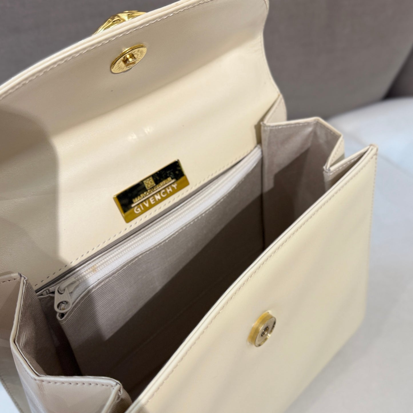 Givenchy Vintage Golden Buckle Ivory Structured Leather Top Handle Bag