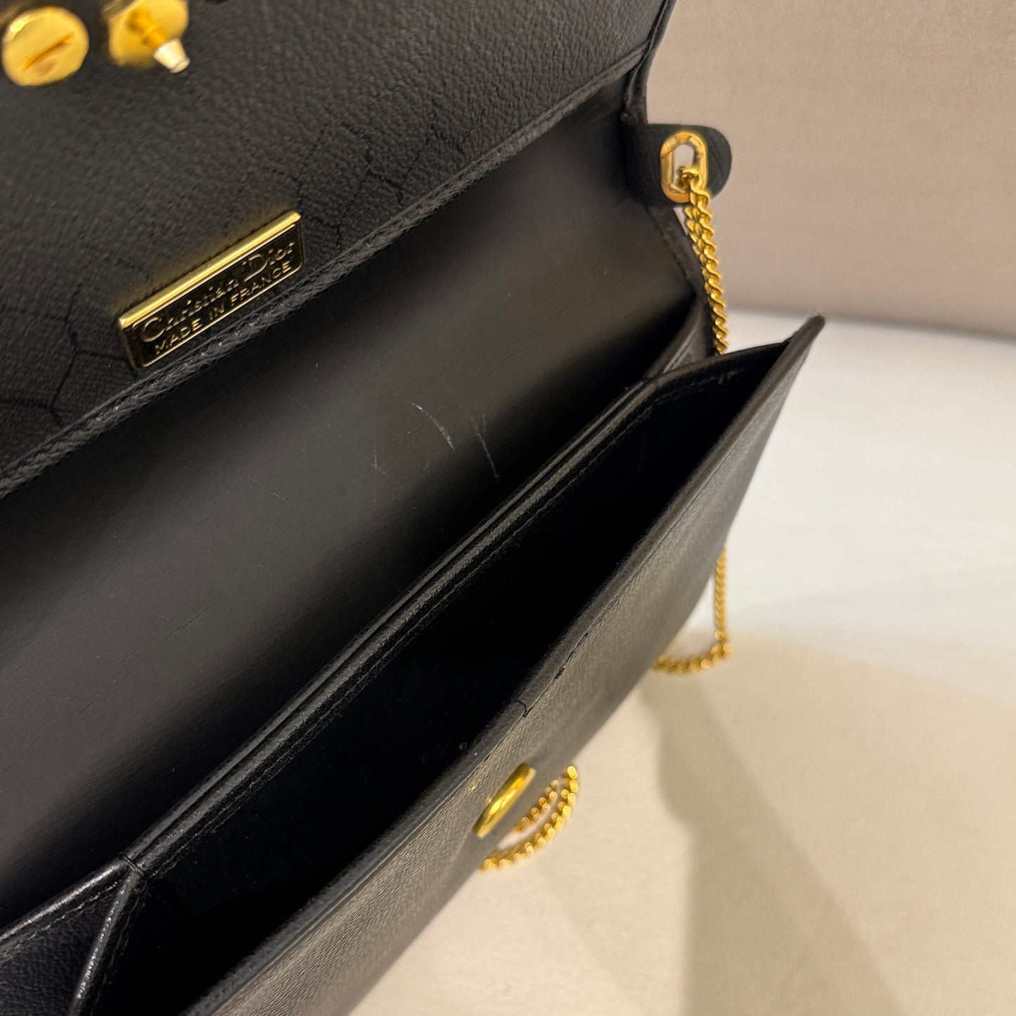Christian Dior Golden Logo Black Leather Shoulder Bag With Golden Chain