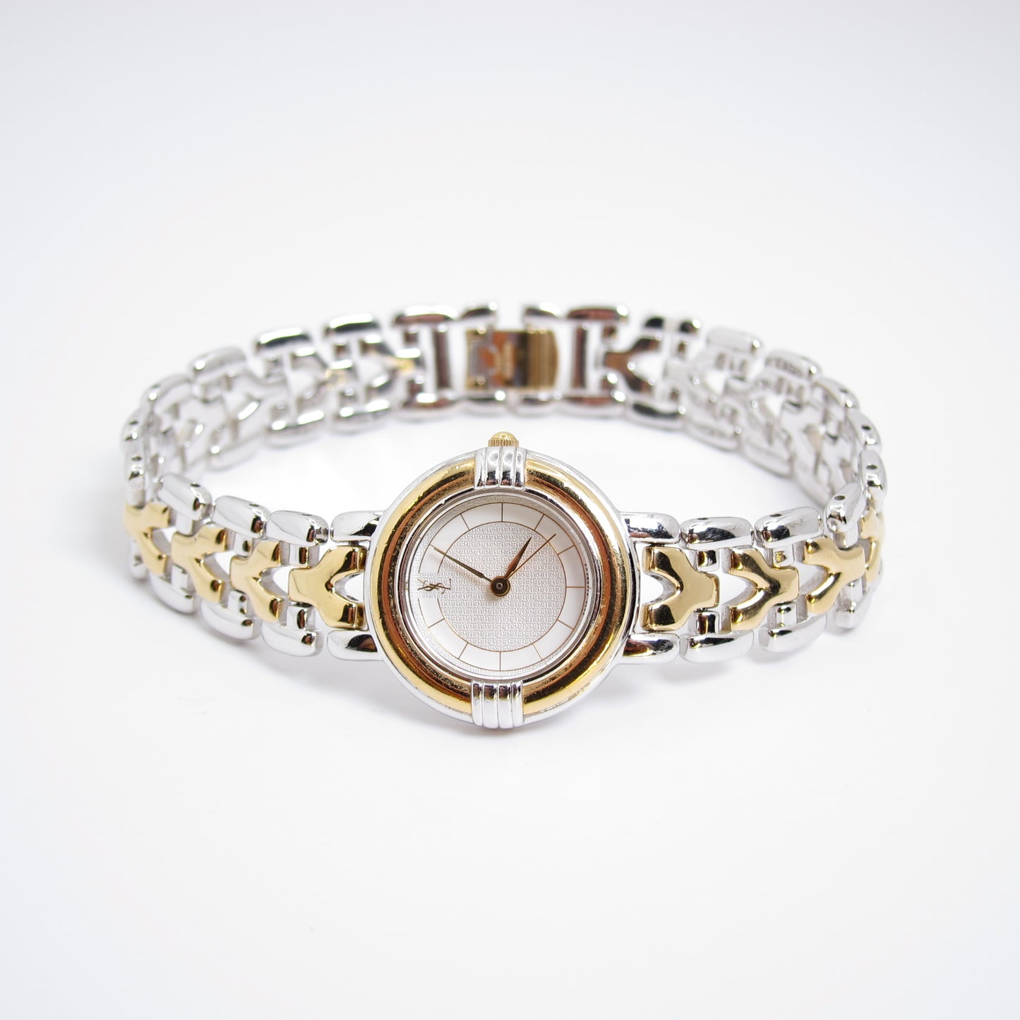 Yves Saint Laurent Vintage Gold and Silver Two Tone Watch with Y Logo Bracelet