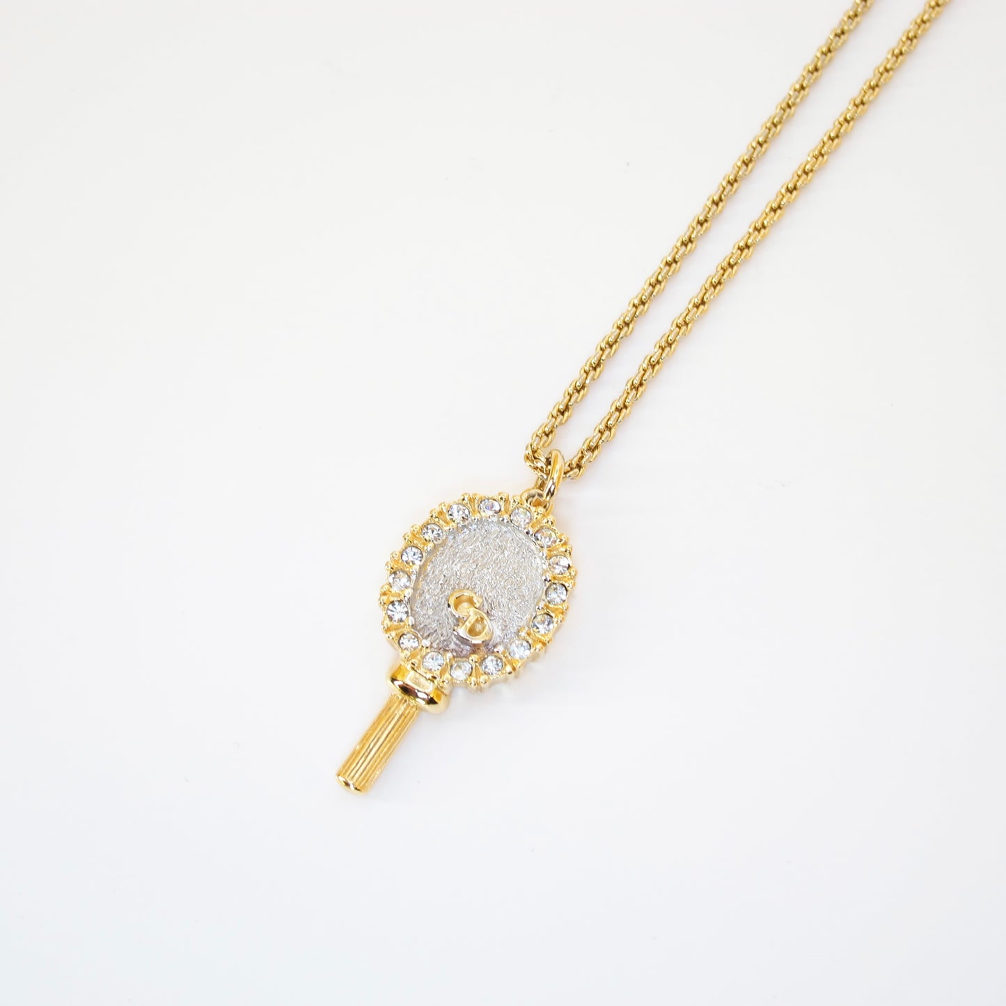 Christian Dior Vintage CD Logo on Mirror with Rhinestone Pendant Golden Necklace
