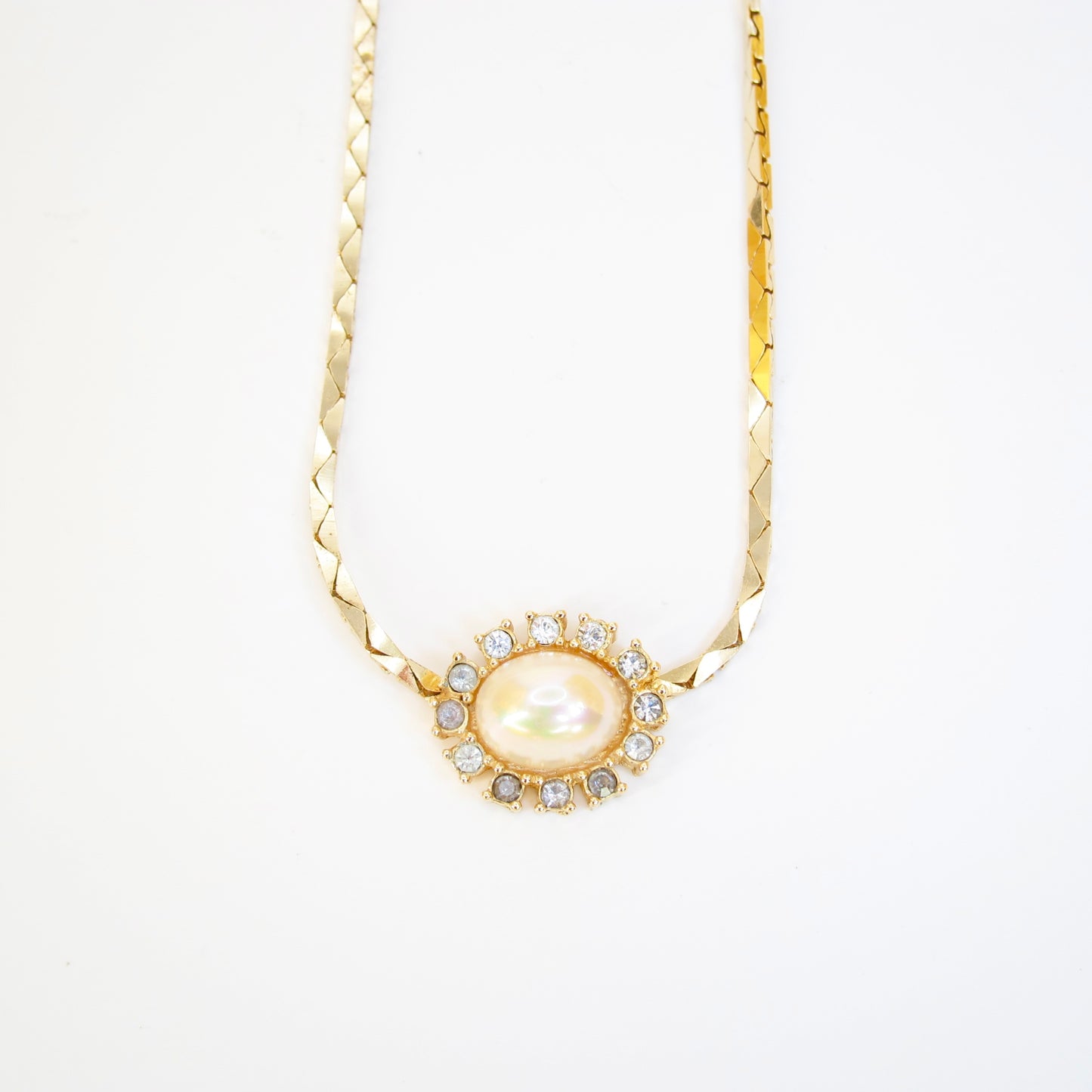 Christian Dior Vintage Oval Shape Pearl and Rhinestone Golden Necklace