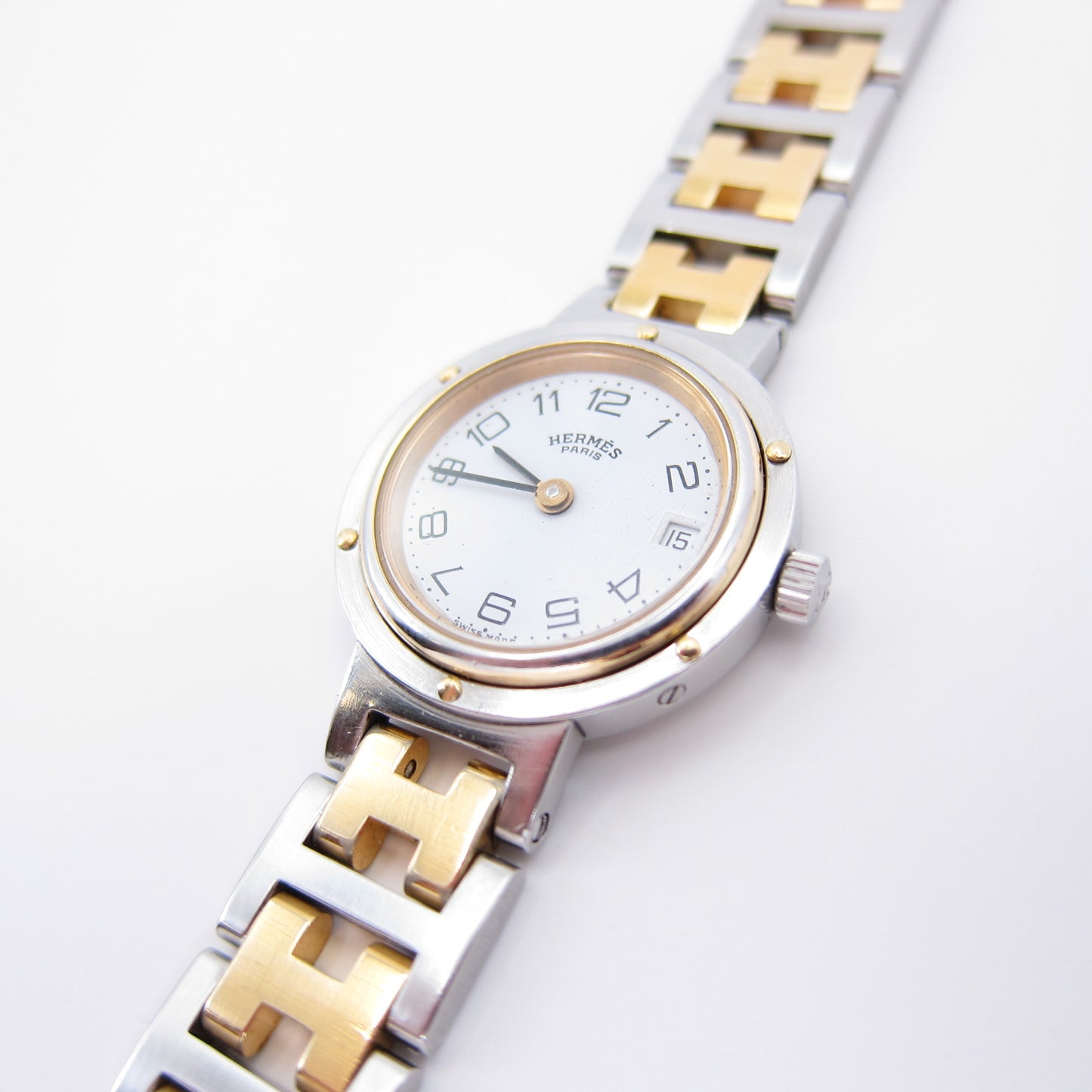 Hermes Vintage Clipper White Face with Date and H Bracelet Ladies Watch