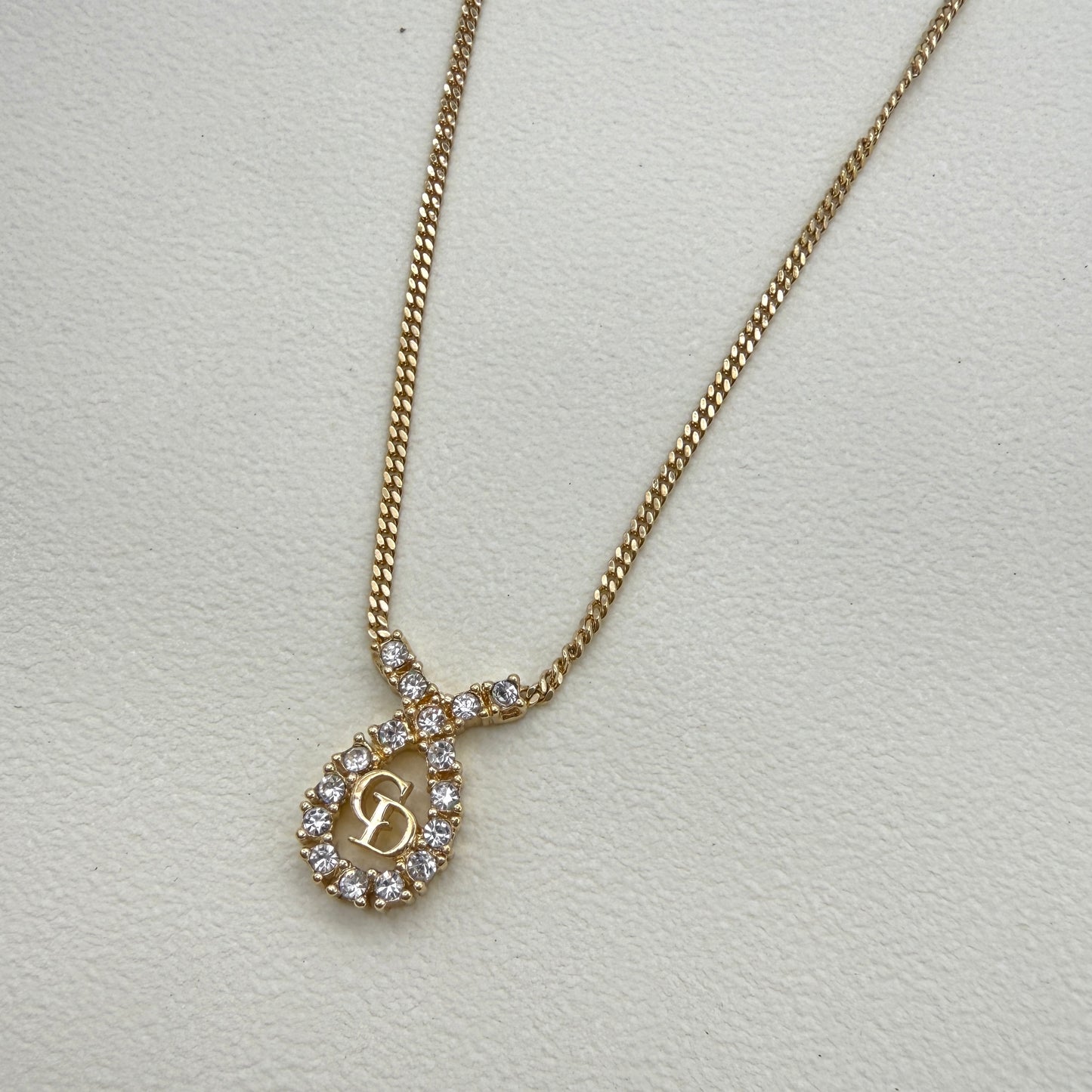 Christian Dior Vintage CD Logo in Drop Shape with Rhinestone Golden Necklace