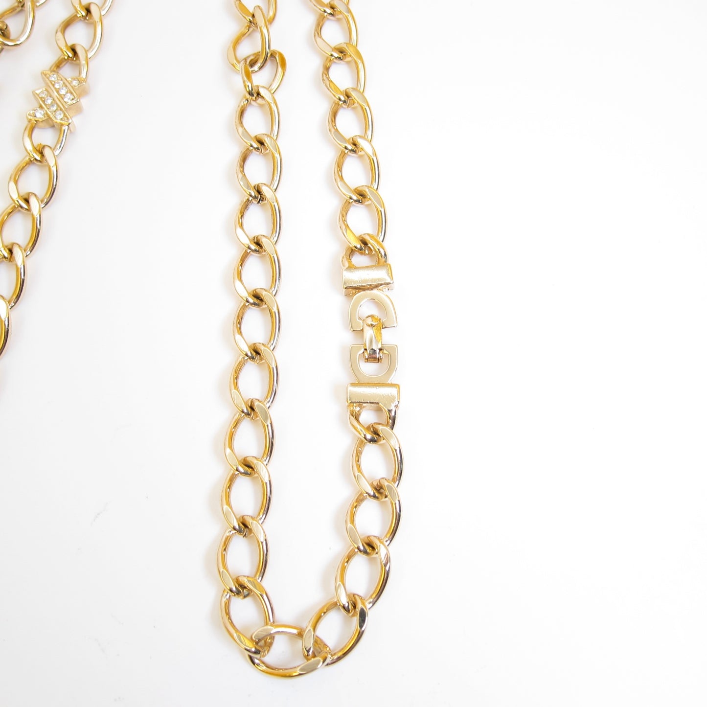 Christian Dior Vintage Stylish Chain Link and Rhinestone Golden Long Necklace