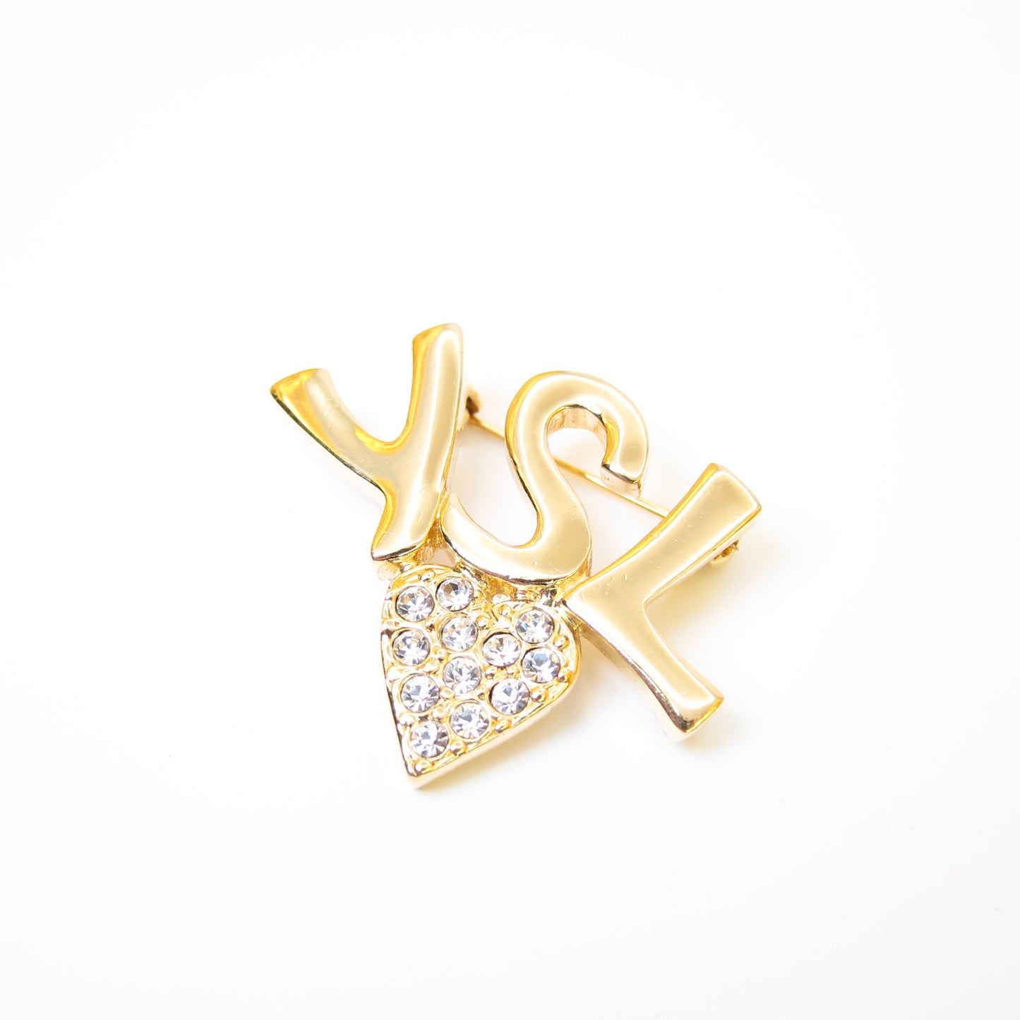 Yves Saint Laurent Vintage YSL Logo and Heart with Rhinestone Golden Brooch