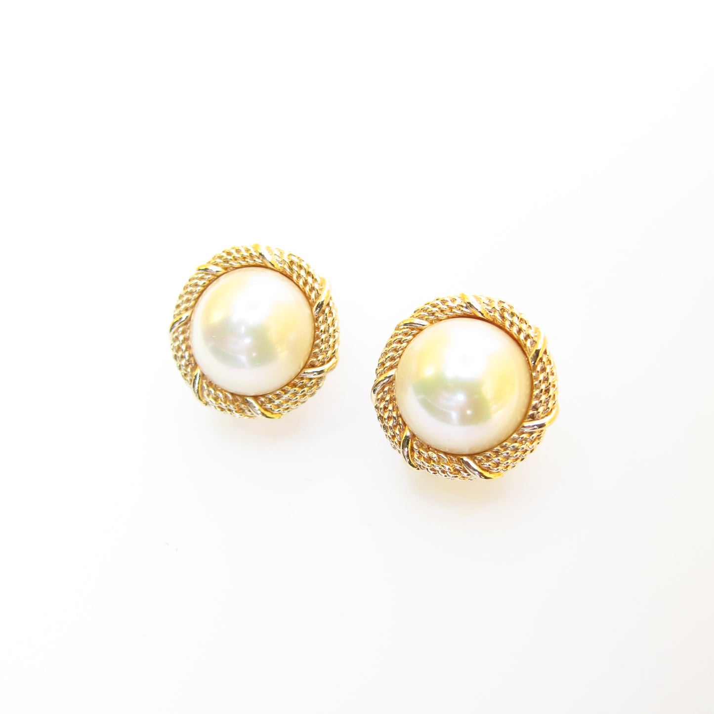 Christian Dior Vintage Round Shape Pearl Golden Clip-on Earrings