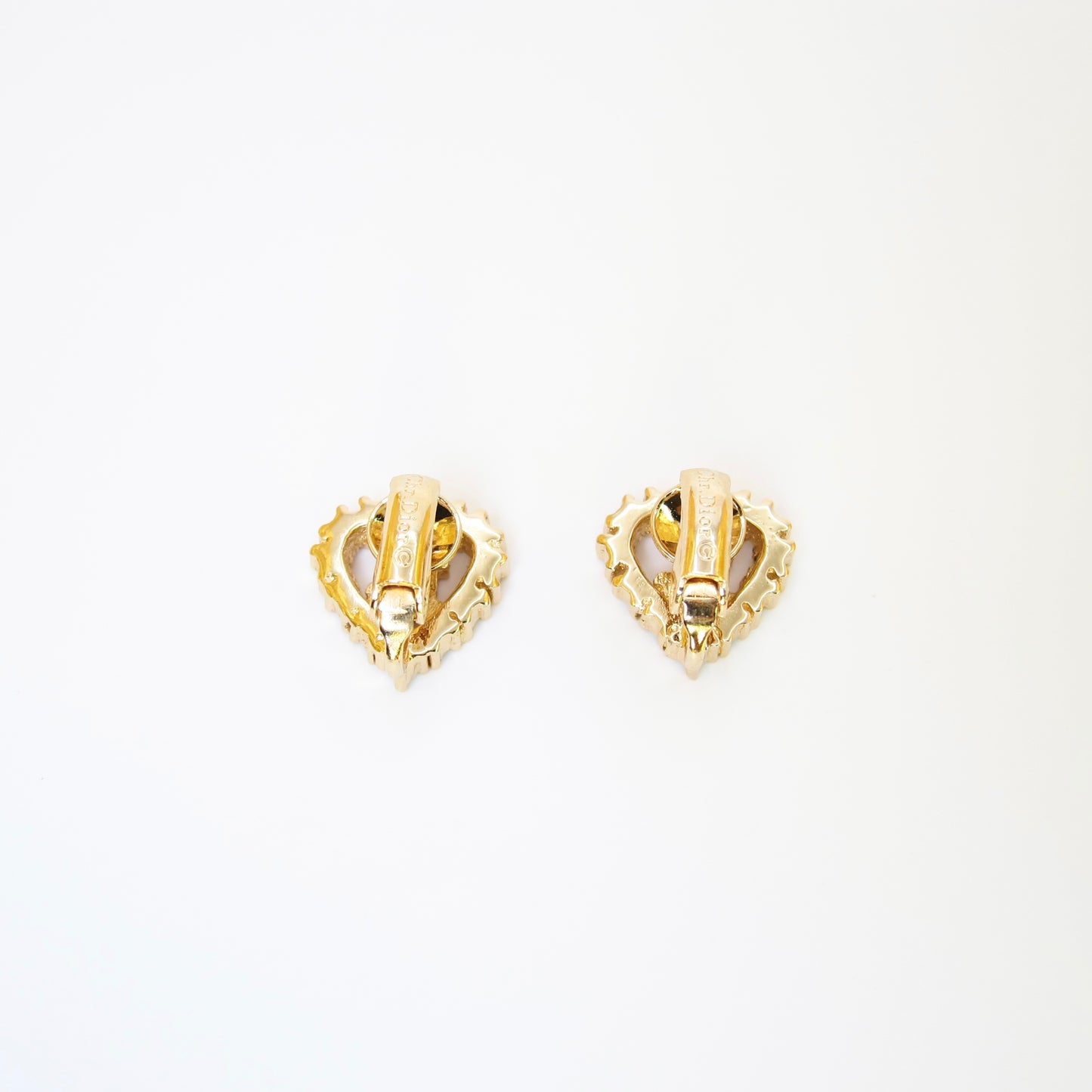 Christian Dior Vintage Dior Logo in Heart Shape with Rhinestone Golden Clip-on Earrings