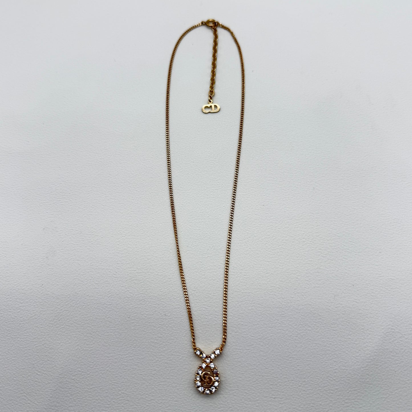 Christian Dior Vintage CD Logo in Drop Shape with Rhinestone Golden Necklace