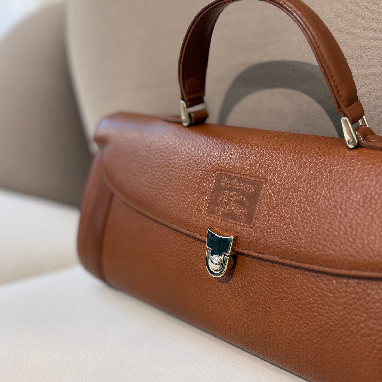 Burberry Brown Pebbled Leather Top Handle Bag