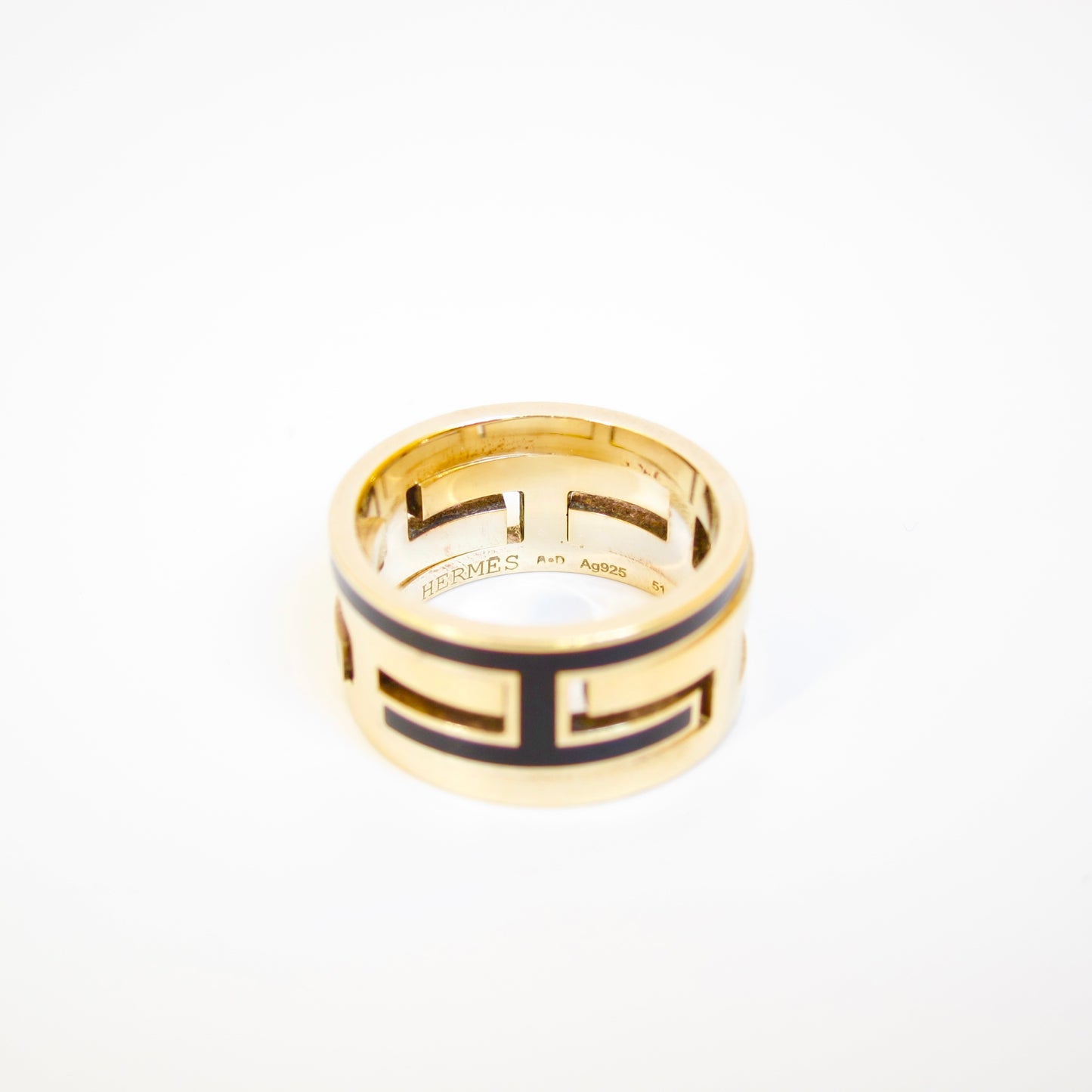 Hermes Vintage Move Ash SV 925 Black and Golden Ring #51