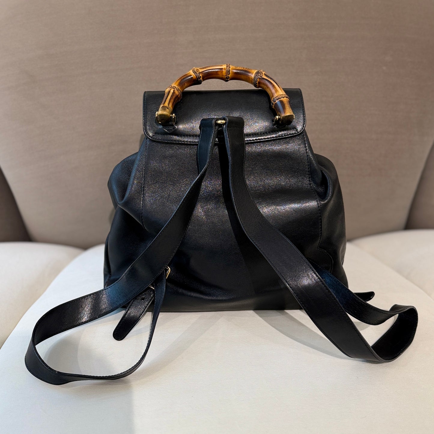 Gucci Vintage Bamboo Black Leather Backpack With Dual Pockets