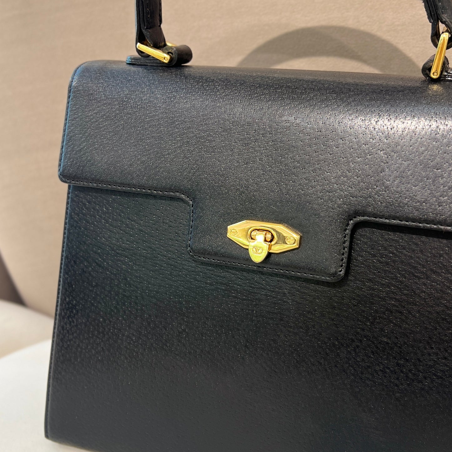 Valentino Vintage Golden Buckle With Black Leather Top Handle Handbag
