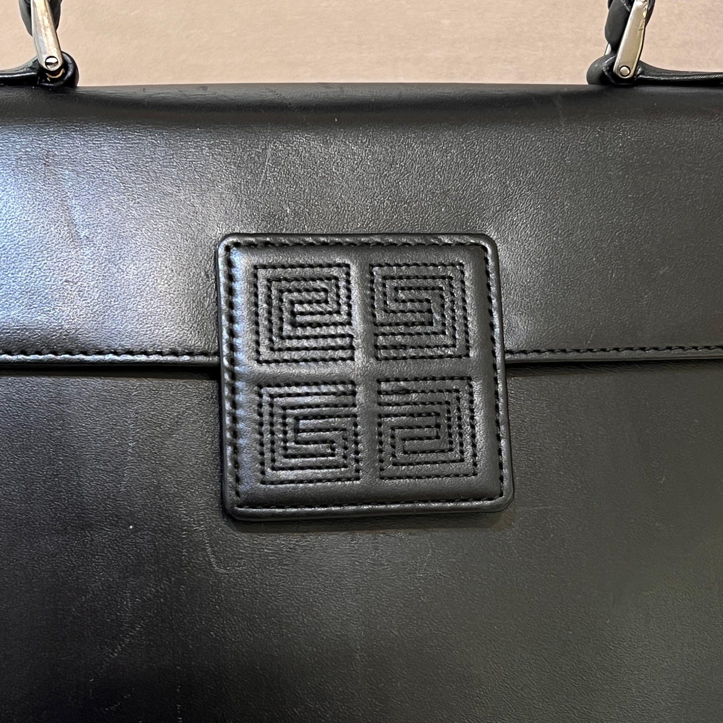 Givenchy Vintage Black Structured Leather Top Handle Bag With Tonal Anagram Patch