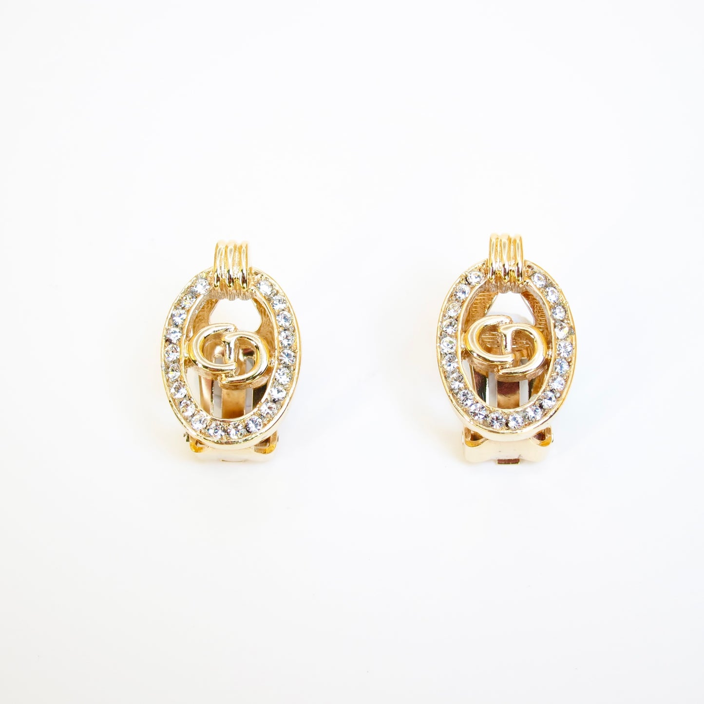 Christian Dior Vintage CD Logo in Oval Shape with Rhinestone Golden Clip-on Earrings