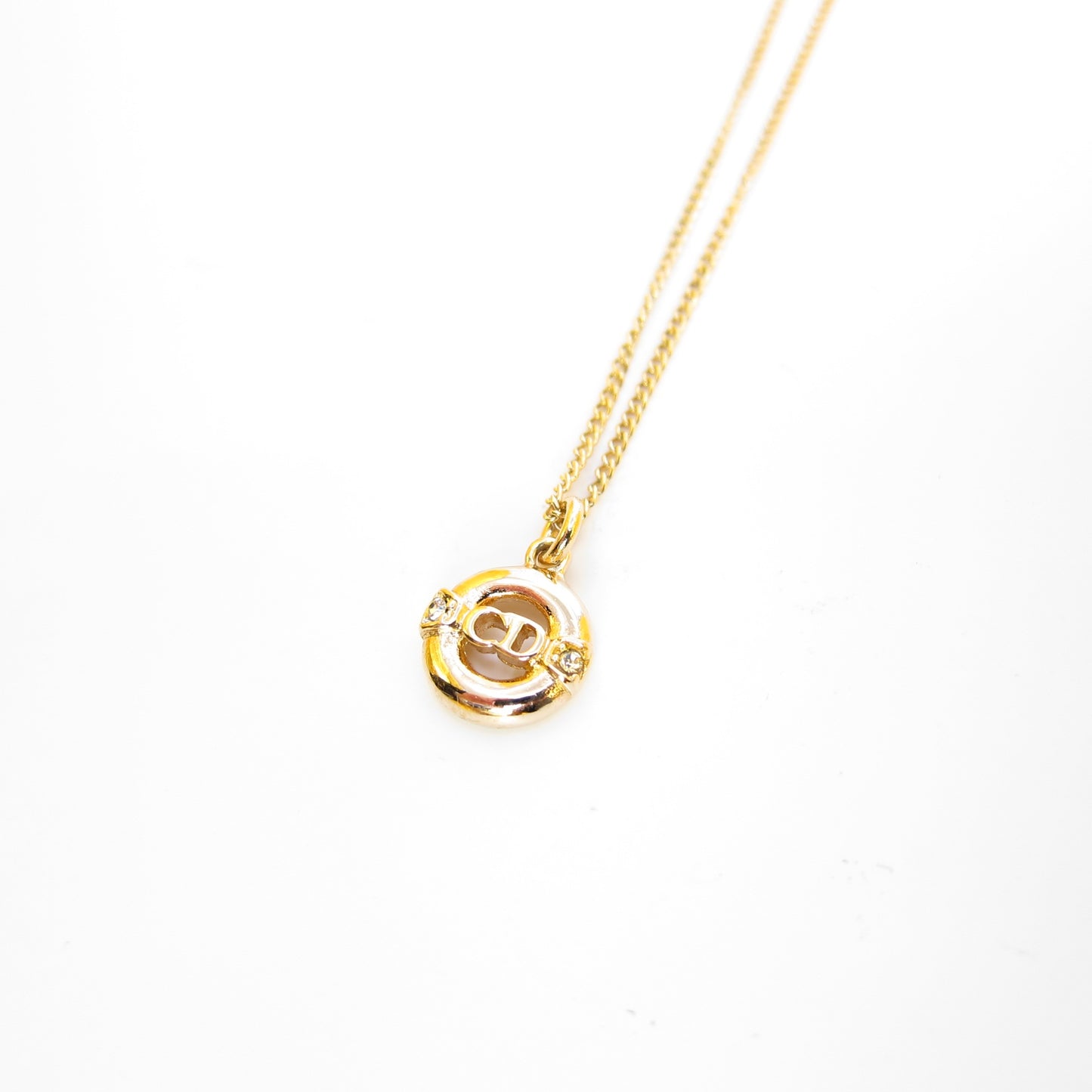 Christian Dior Vintage CD Logo in Circle with Rhinestone Golden Necklace