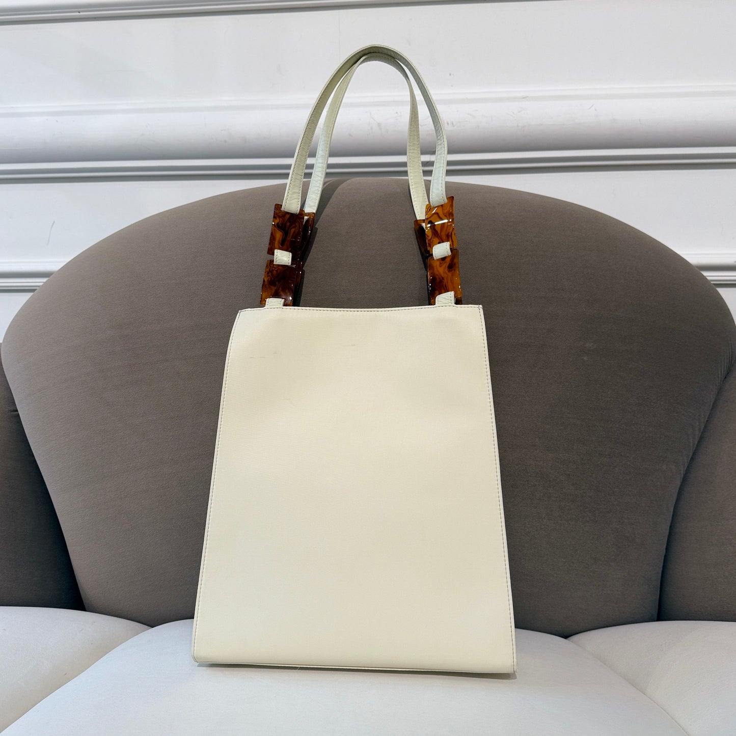 Yves Saint Laurent Vintage Embossed Logo Tortoise Shell White Leather Bag