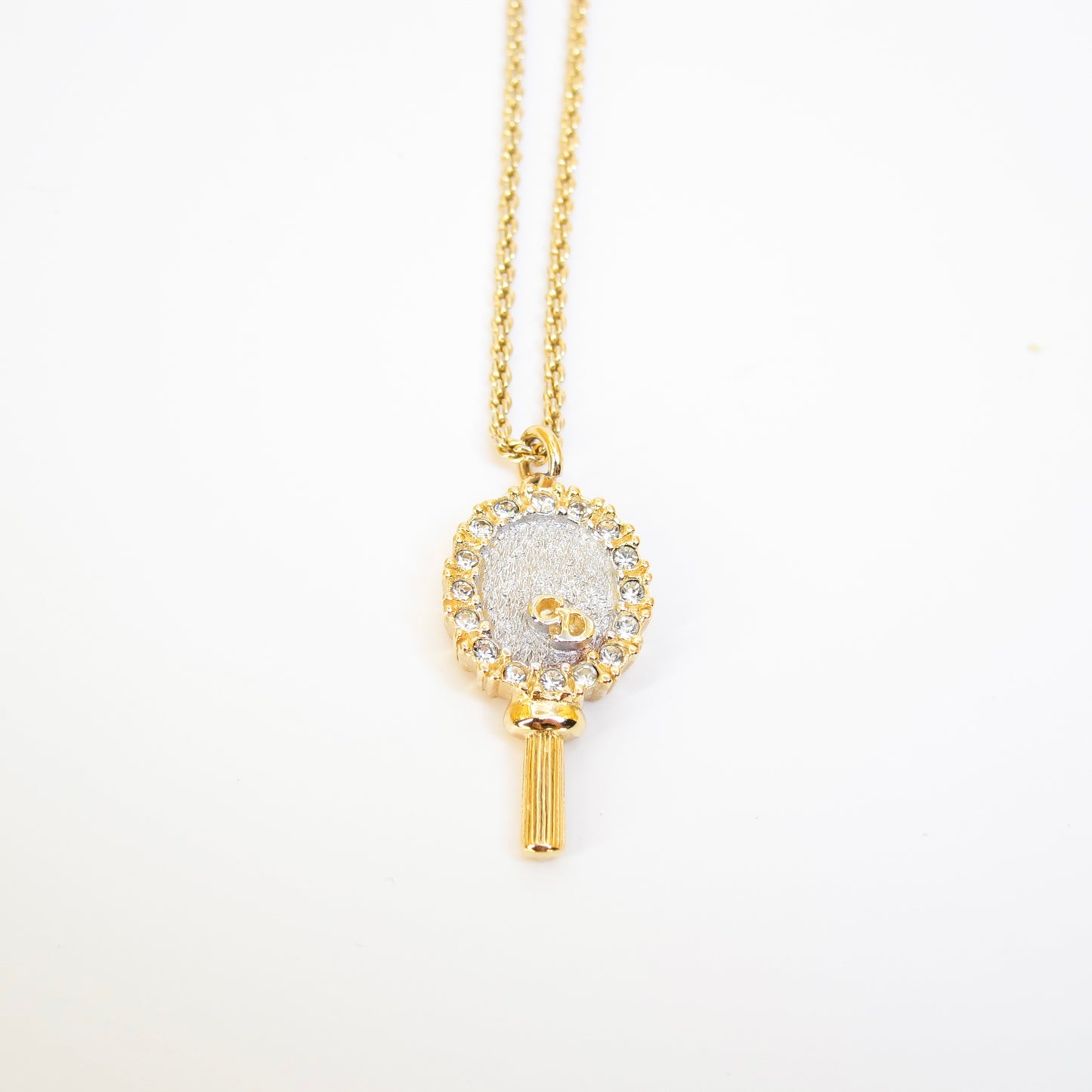 Christian Dior Vintage CD Logo on Mirror with Rhinestone Pendant Golden Necklace