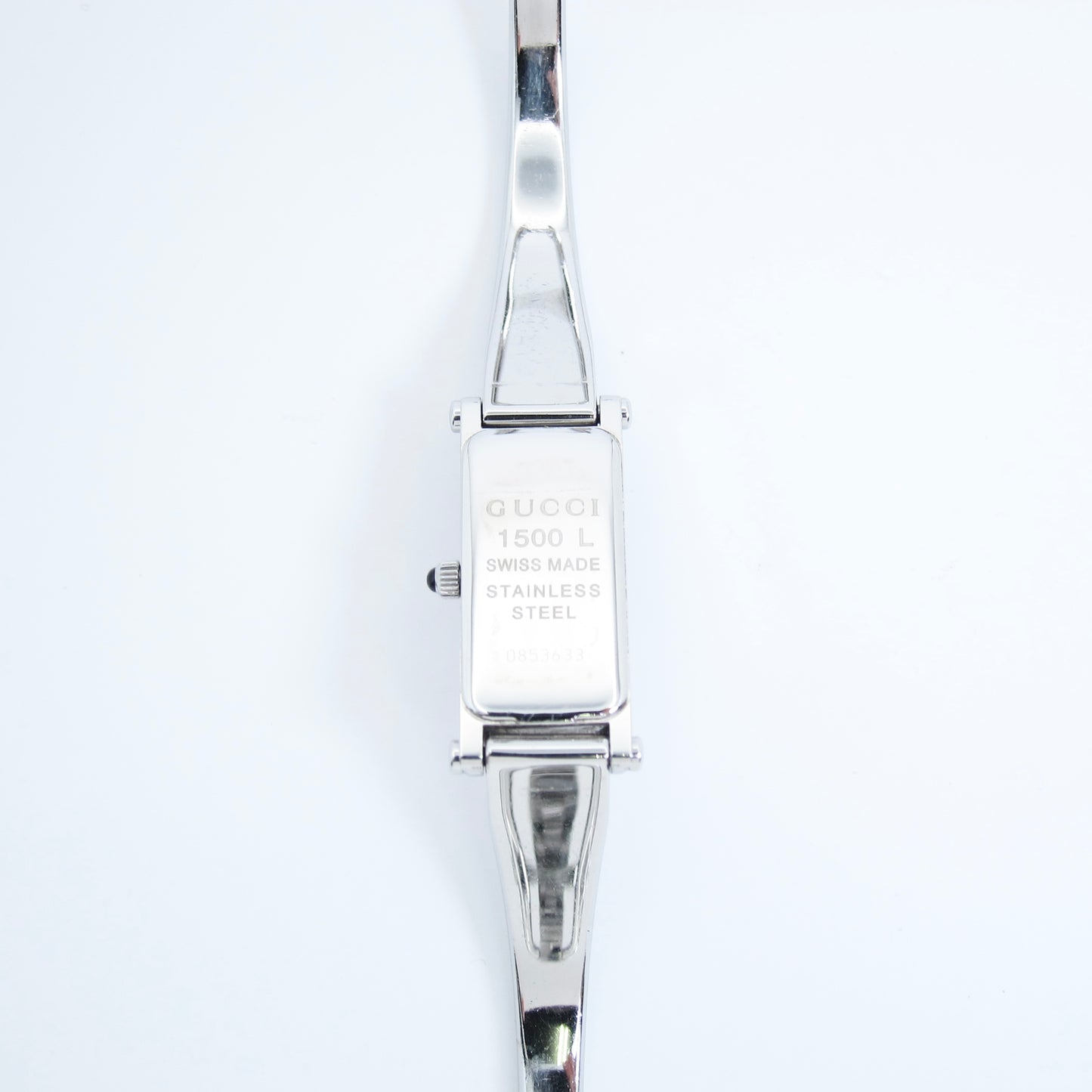 Gucci Vintage Rectangle Pink Shell Pearl Face Silver Bangle Watch